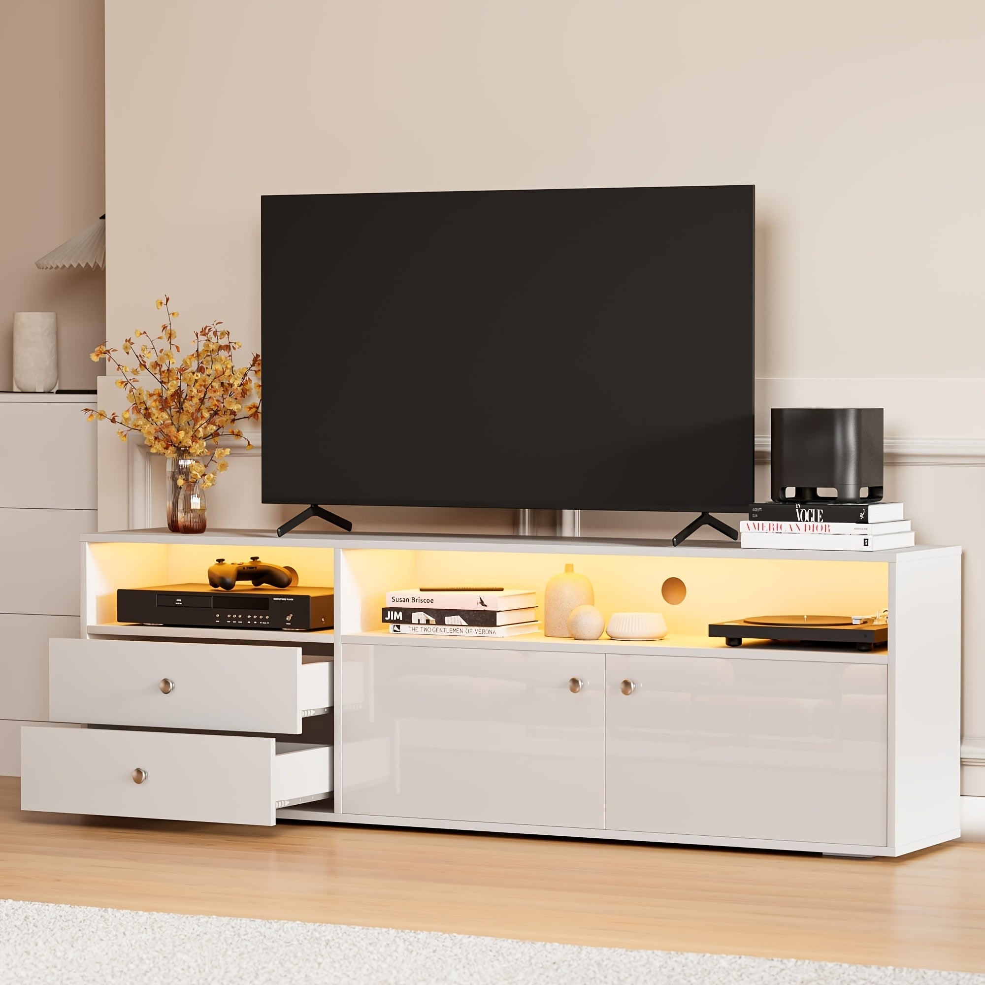 Smile Back Modern TV Stand For 65/75 Inch TV, Entertainment Center With Drawers And Storage Cabinets, TV Media Console For Living Room, Bedroom And Office