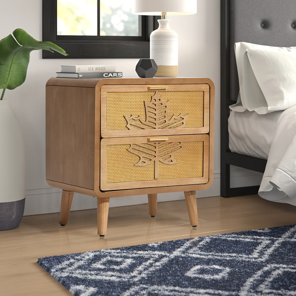 Mid-Century Modern Nightstand] Mid-Century Modern Nightstand with Rattan Accents and Maple Leaf Carving, Solid Wood and Fiberboard Construction, High-Density Storage, Pine Tabletop, with Engineered Wood Base, for Stylish