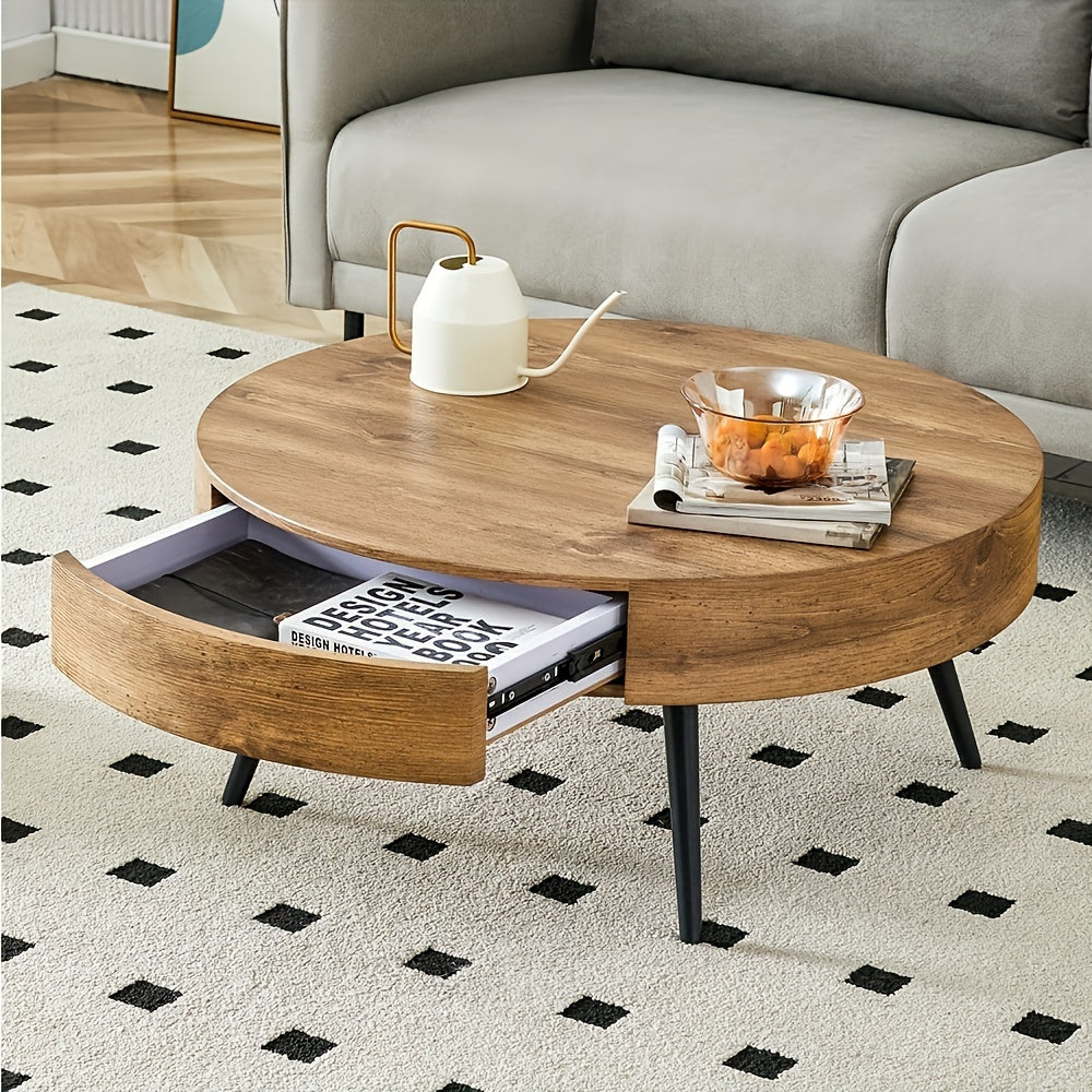 Chic Round Coffee Table with Wood Grain Top & Metal Legs - Includes Storage, Perfect for Living Room or Tea House Decor