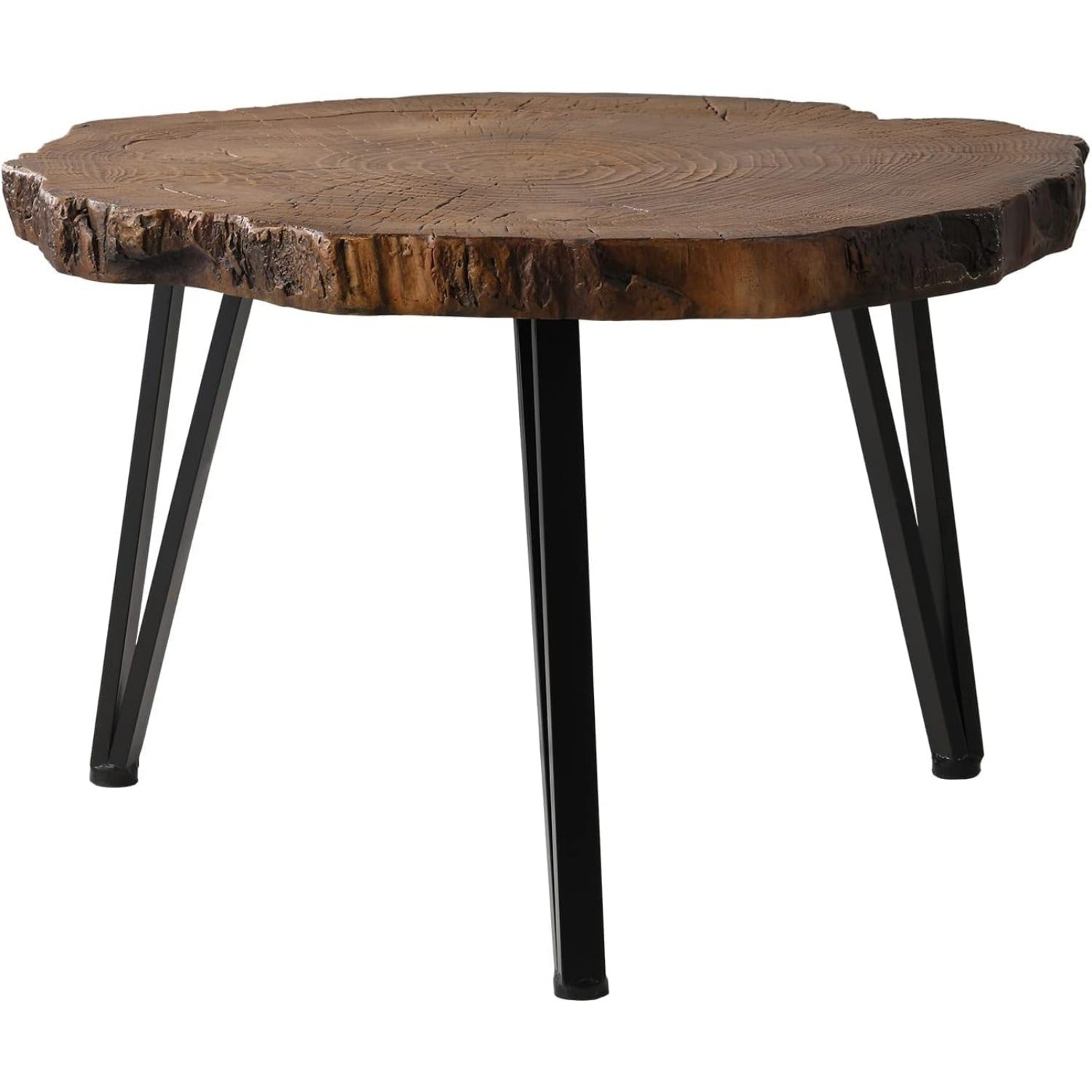 81cm Indoor Outdoor Faux Wood Tree Slicing Coffee Table, Natural Oak Hand Painted Finish, 3 Black Metal Legs