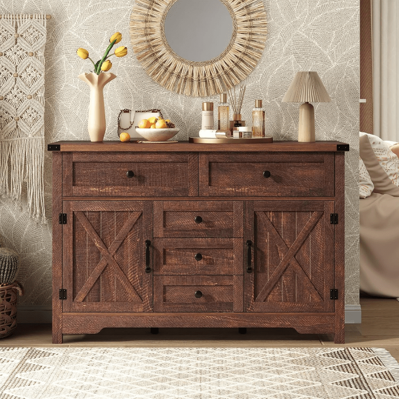 Solid Wood Farmhouse Dresser Chests for Bedroom with 5 Drawers & 2 Barn Doors, Tall Chest of Drawers, Rustic Dresser TV Stand, Dresser Organizer for Living Room, Kitchen