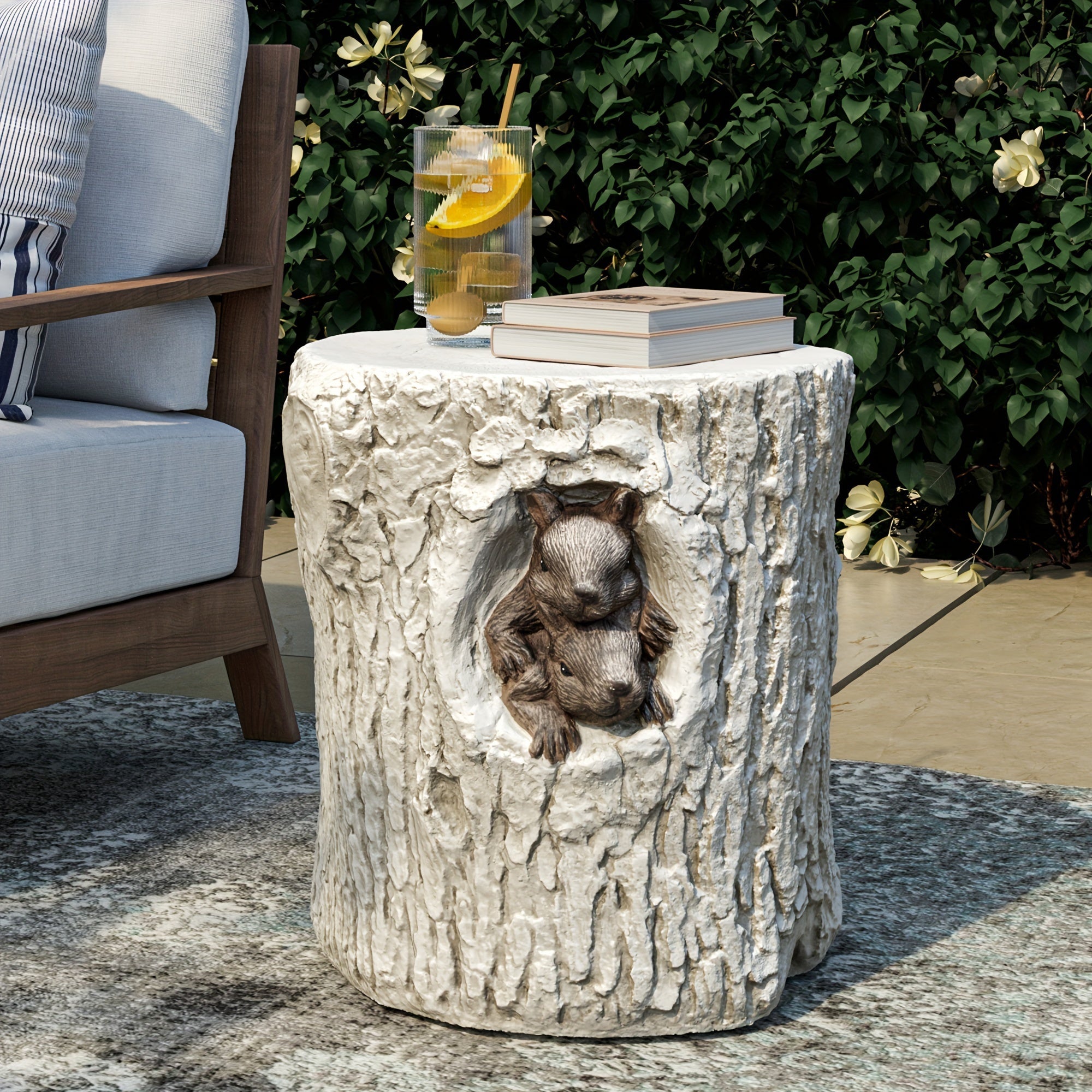 Concrete Side Table, Outdoor Side Table for Patio, 14" Squirrel Accent Table Patio Side Table End Table, Ceramic Side Table Garden Stool Log Table in Brown