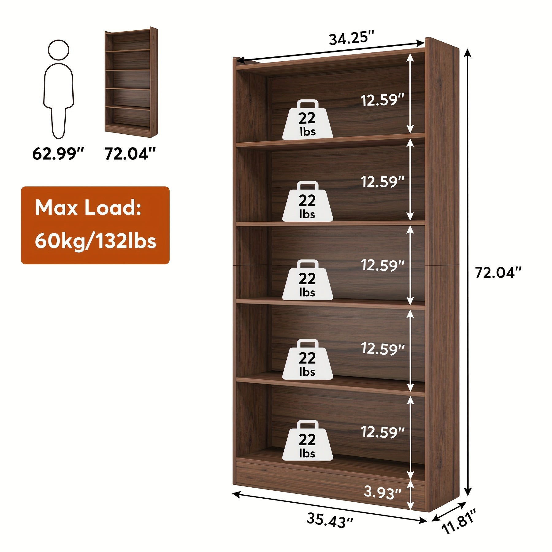 183cm Tall Bookcase, Modern 6-Tier Brown Library Bookshelf with Storage Shelves, Large Open Bookcases Wood Display Shelving Unit for Bedroom Living Room Office