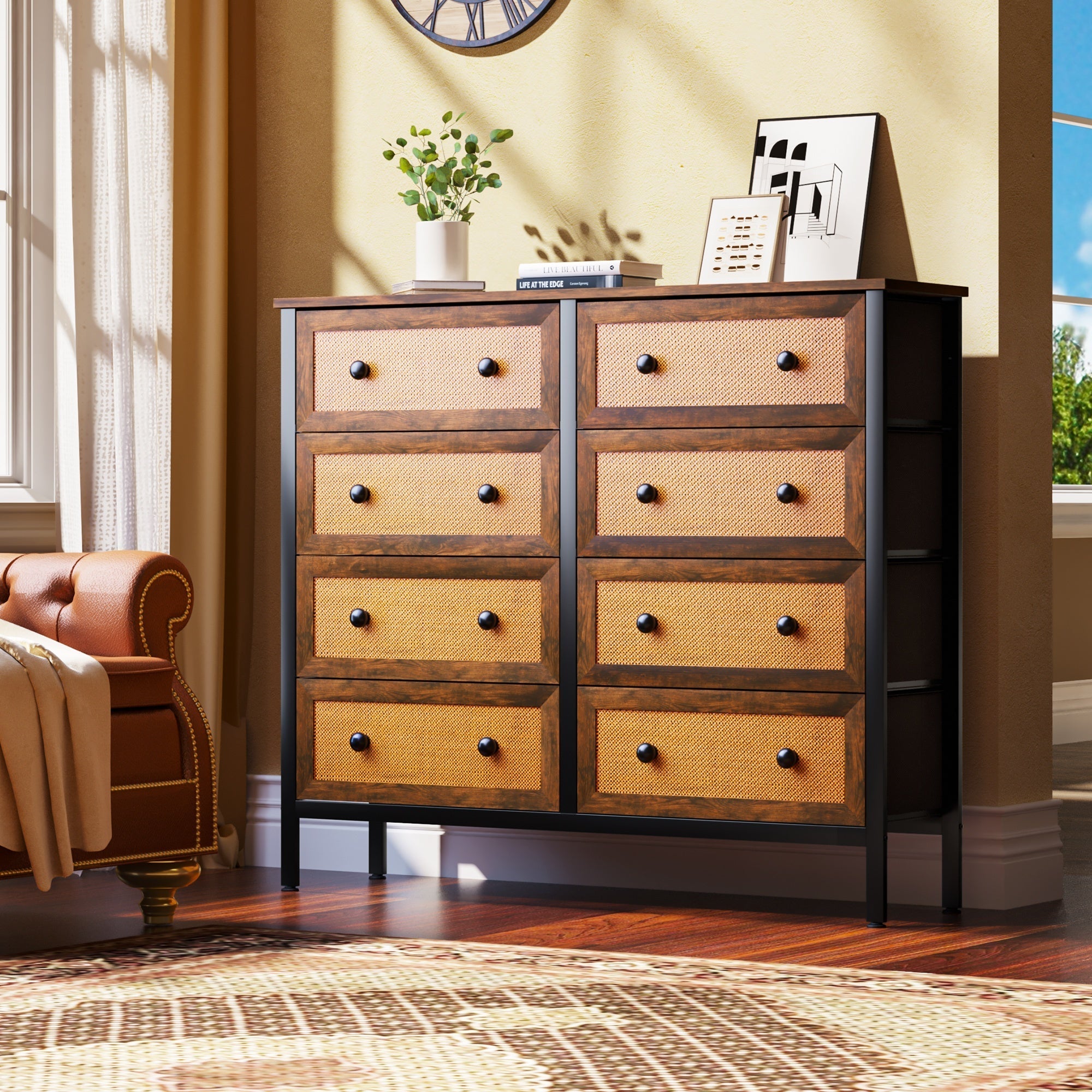 Chest of Drawers Rattan Woven Dresser with 8- Drawer Bedroom Storage Organizer