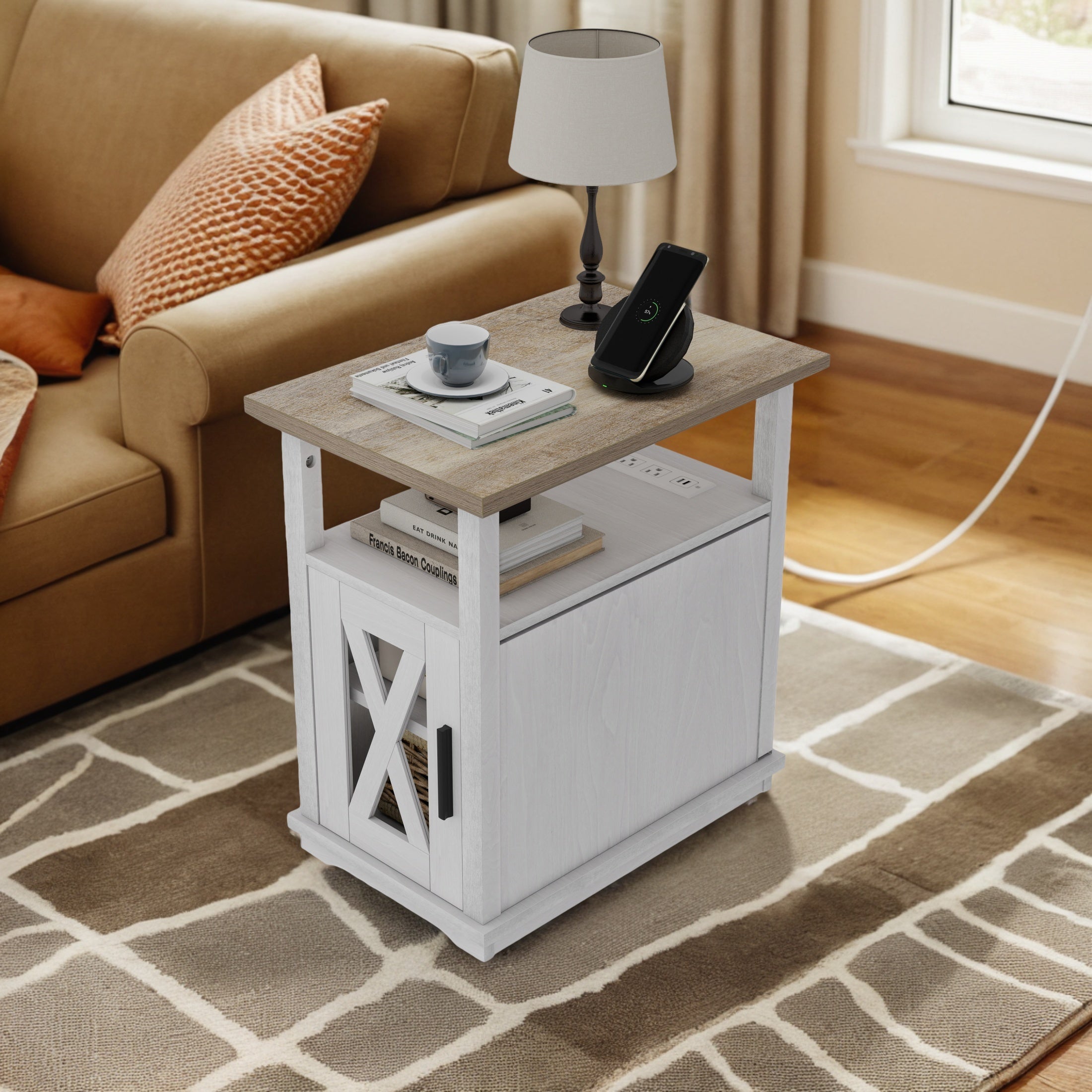 Modern Farmhouse End Table with Built-In Charging Station - White Wooden Sofa Side Nightstand, 14"x23.6"x24" - Perfect for Living Room Storage & Gifts