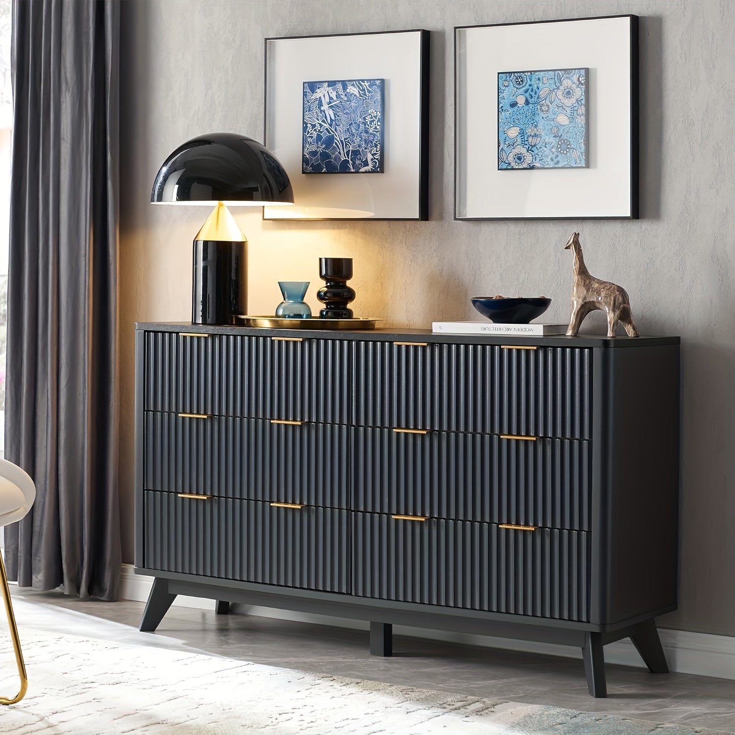 Fluted 6 Drawers Dresser, 138cm Wide Modern Chest of Drawers with Faux Marble Top, Curved Profile Design, Dresser TV Stand, Wood Drawer Organizer for Bedroom, Living Room, Hallway