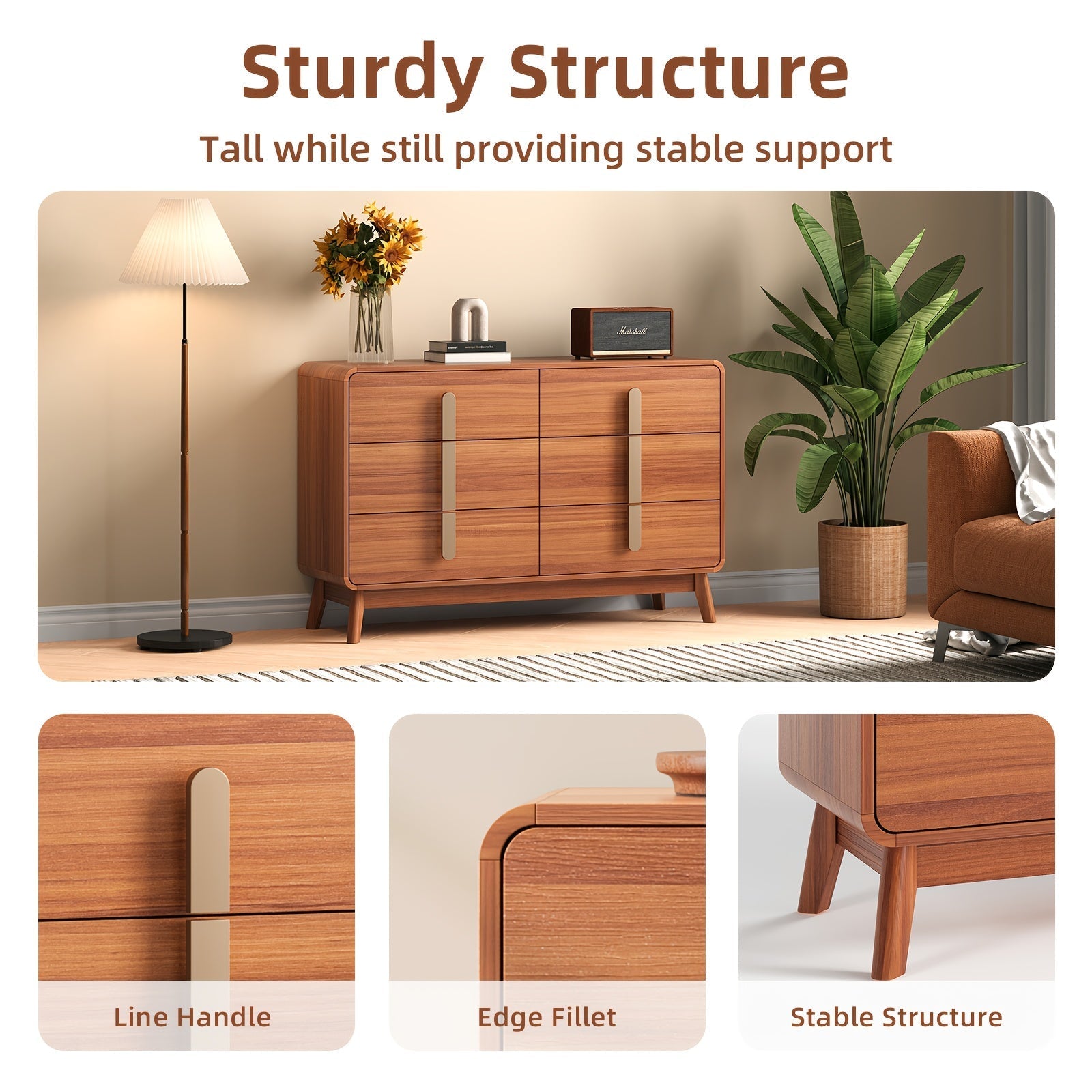 1pc Mid-Century Modern 6-Drawer Dresser Mid-Century Modern 6-Drawer Dresser, Hardwood Chest of Drawers with Metal Handles, Floor-Standing Wood Furniture, Flat Panel Doors, Engineered Wood Back, with No Electricity R