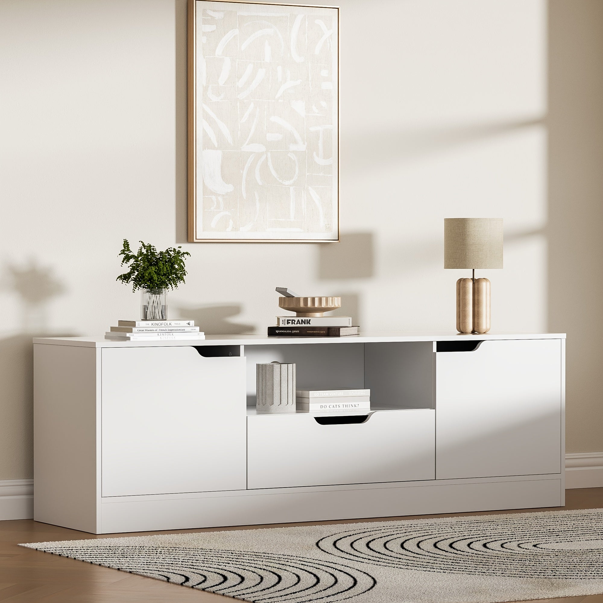 Modern Media TV Console Table with Storage Cabinet, Dresser-Style TV Stand for 55/60/65 Inch TVs, Gaming Entertainment Center with 2 Doors & Drawer, Freestanding Design for Living Room and Bedroom, Available in White or Black