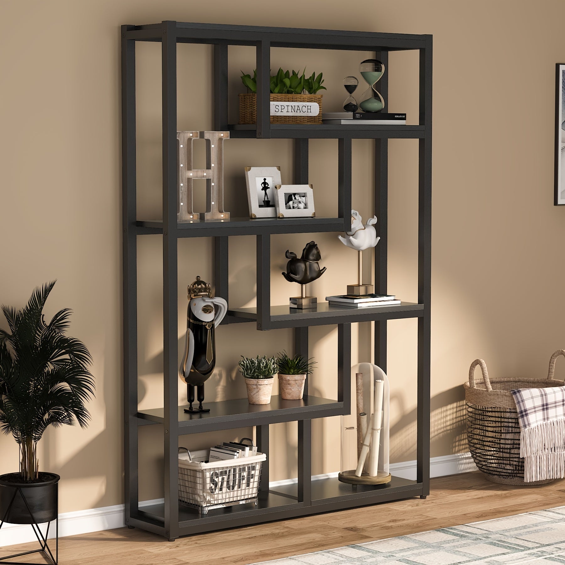 177cm Tall Modern 6-Shelf Bookshelf, Industrial Staggered Etagere Bookcase With Robust Metal Frame For Display And Storage