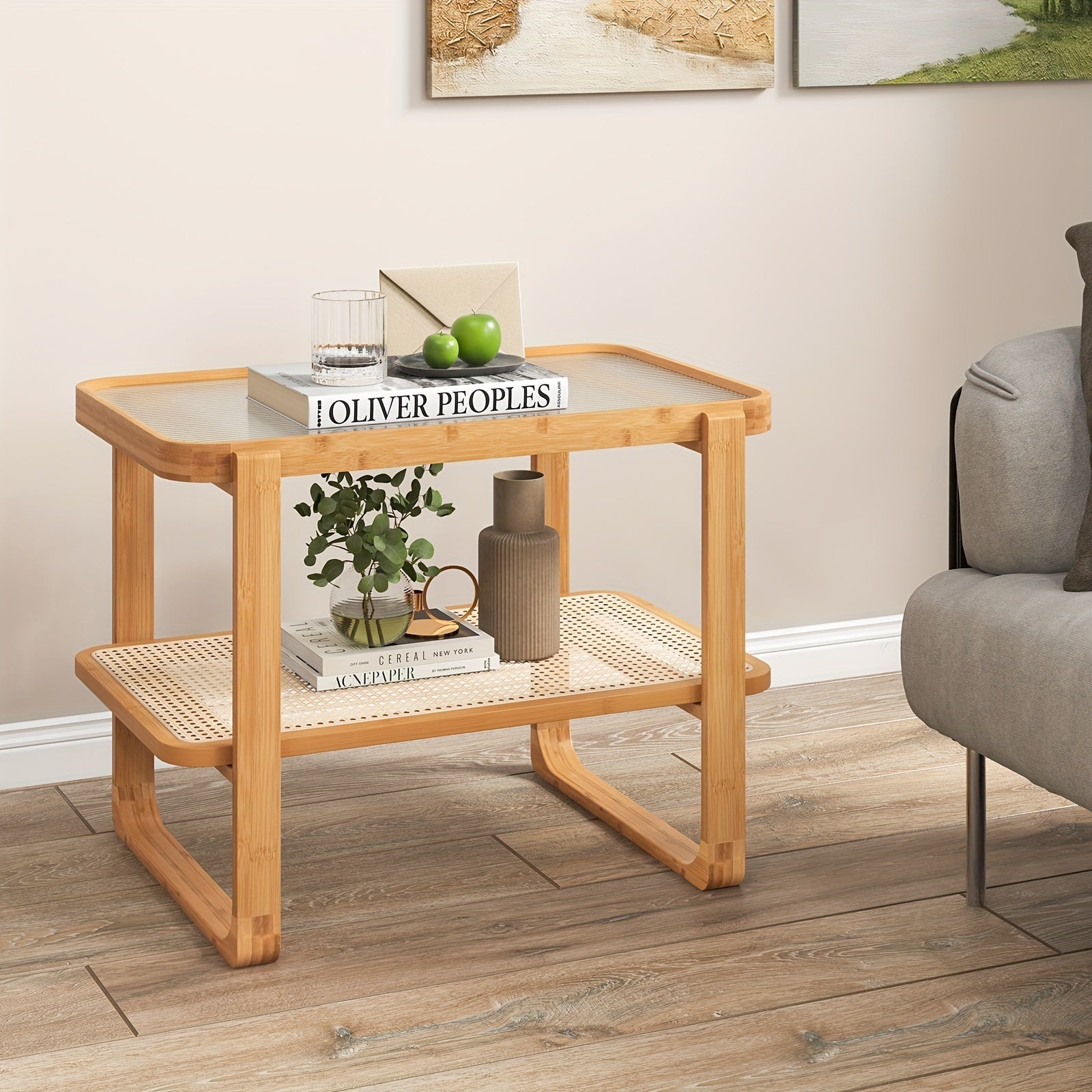 1pc Bamboo And Rattan Side Table With Glass Top, Modern Small Sofa End Table/Nightstand, 28x17.5x21.5 Inches, With Lower Shelf Storage, Home Furniture, Home Essential