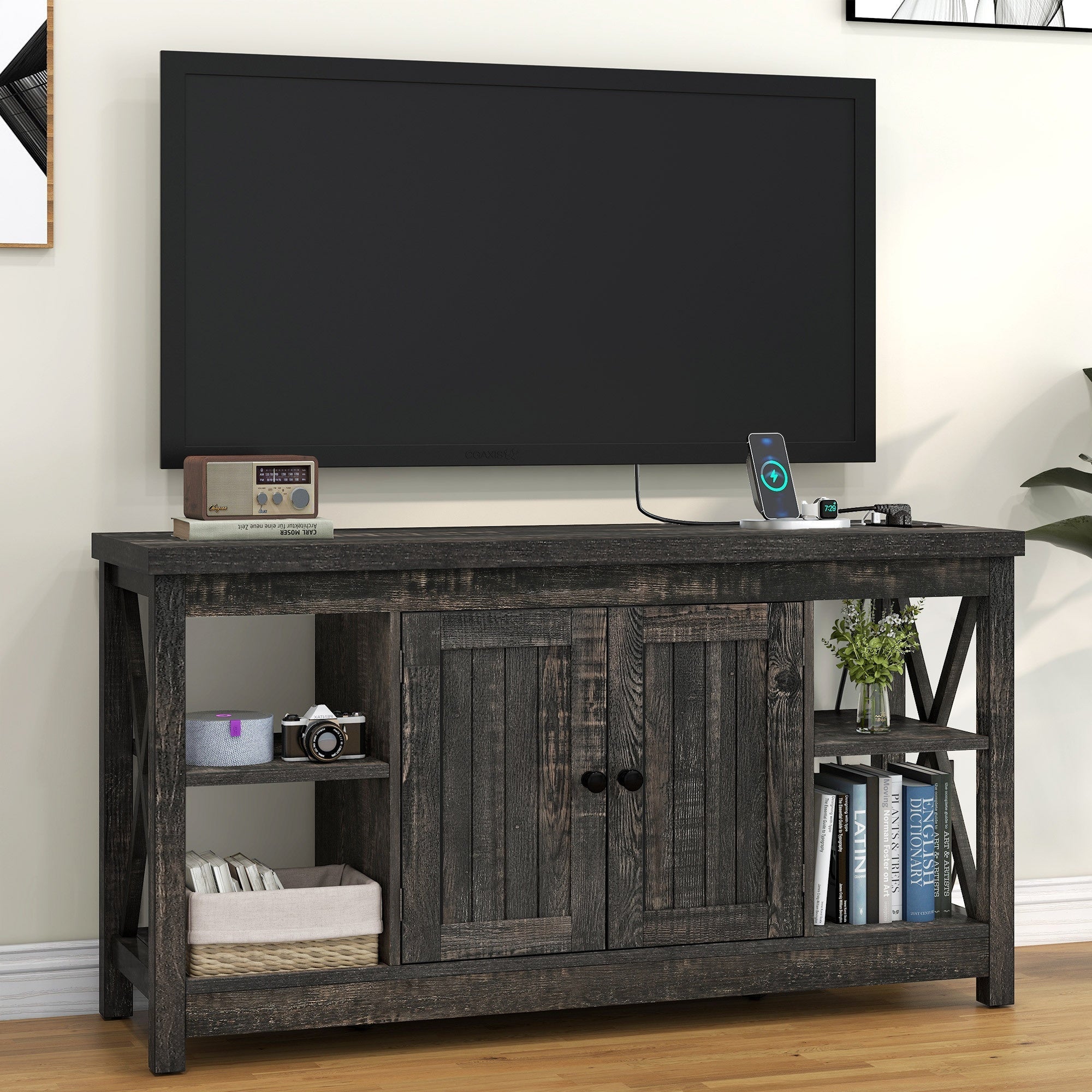 Rustic Oak TV Stand with Power Outlet, Farmhouse Entertainment Center, Storage Console for Living Room Thanksgiving Christmas Halloween Day Gift