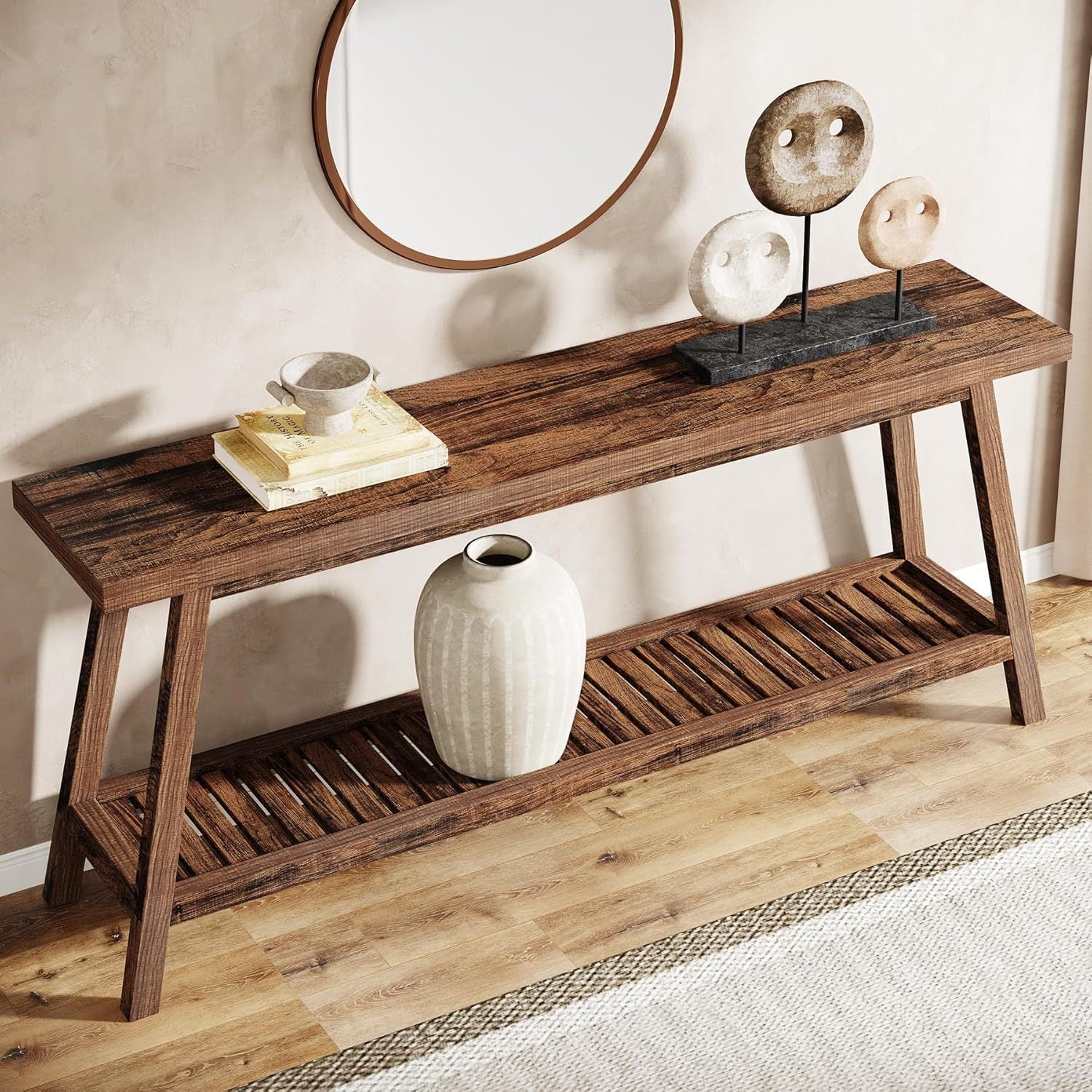 Rustic Farmhouse Console Table - 180 cm All-Wood Entryway Table, Dual Tier Narrow Design for Couch & Sofa Backdrop, Perfect for Hallway, Living Room - Brown