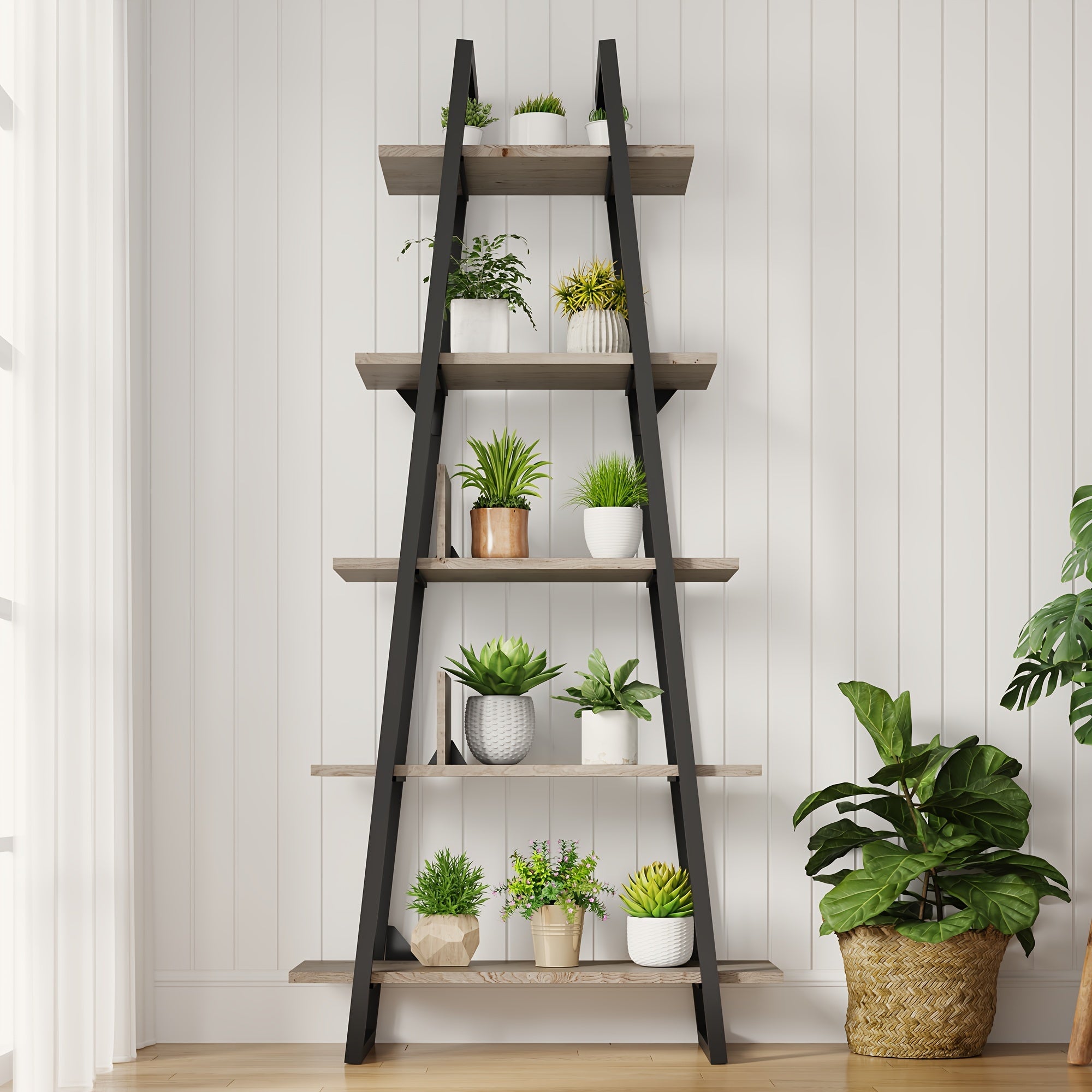 Bookshelf 5 Tier Industrial Wood, Tall Open Rustic Etagere Bookcase Ladder, Standing Display Shelves For Home Living Room Bedroom Office Storage, Rustic Oak