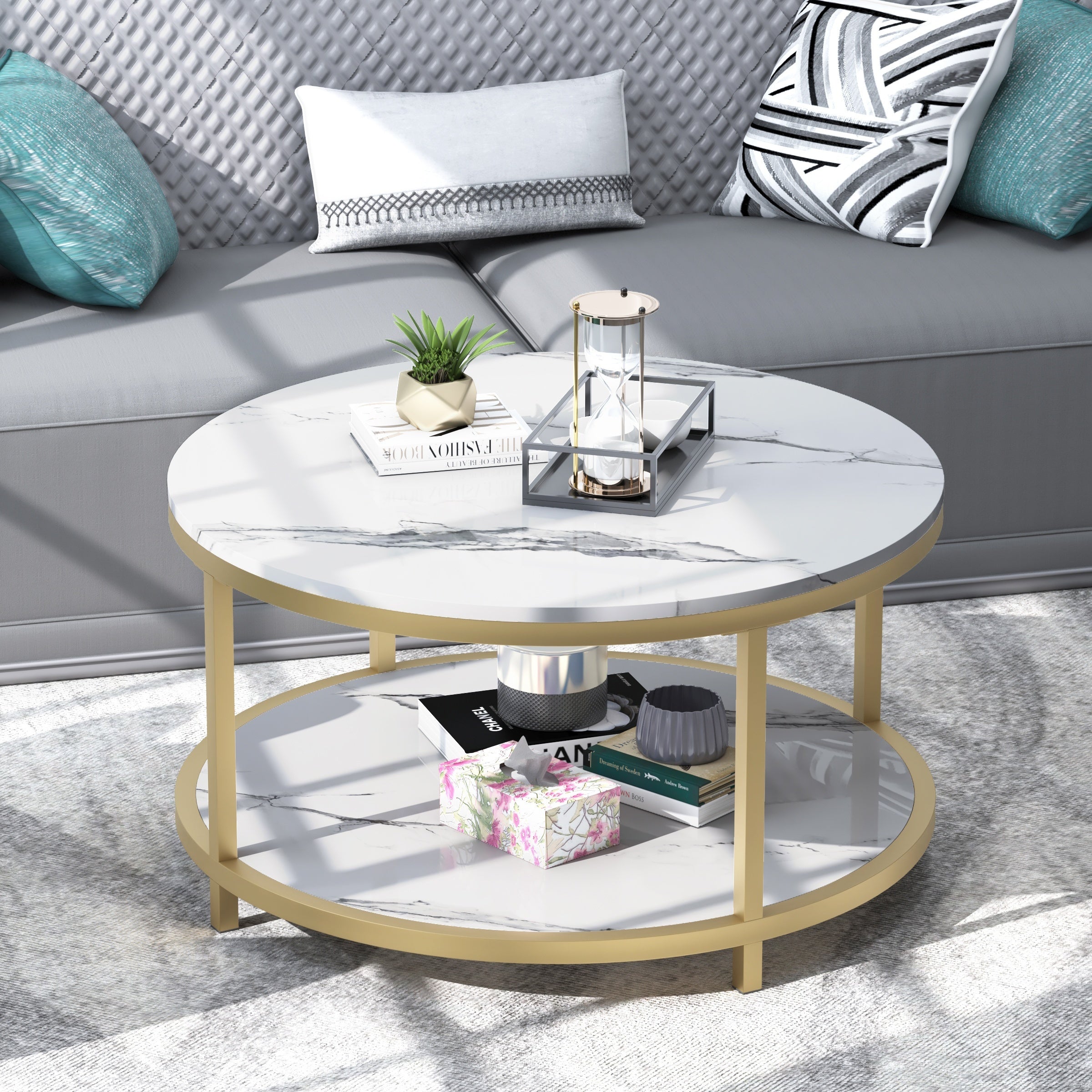 Round Coffee Table 86cm Coffee Tables for Living Room High Glossy Faux Balck Marble Top Modern Circle Table Sturdy Golden Metal Frame Legs Cocktail Table with Storage Open Shelf