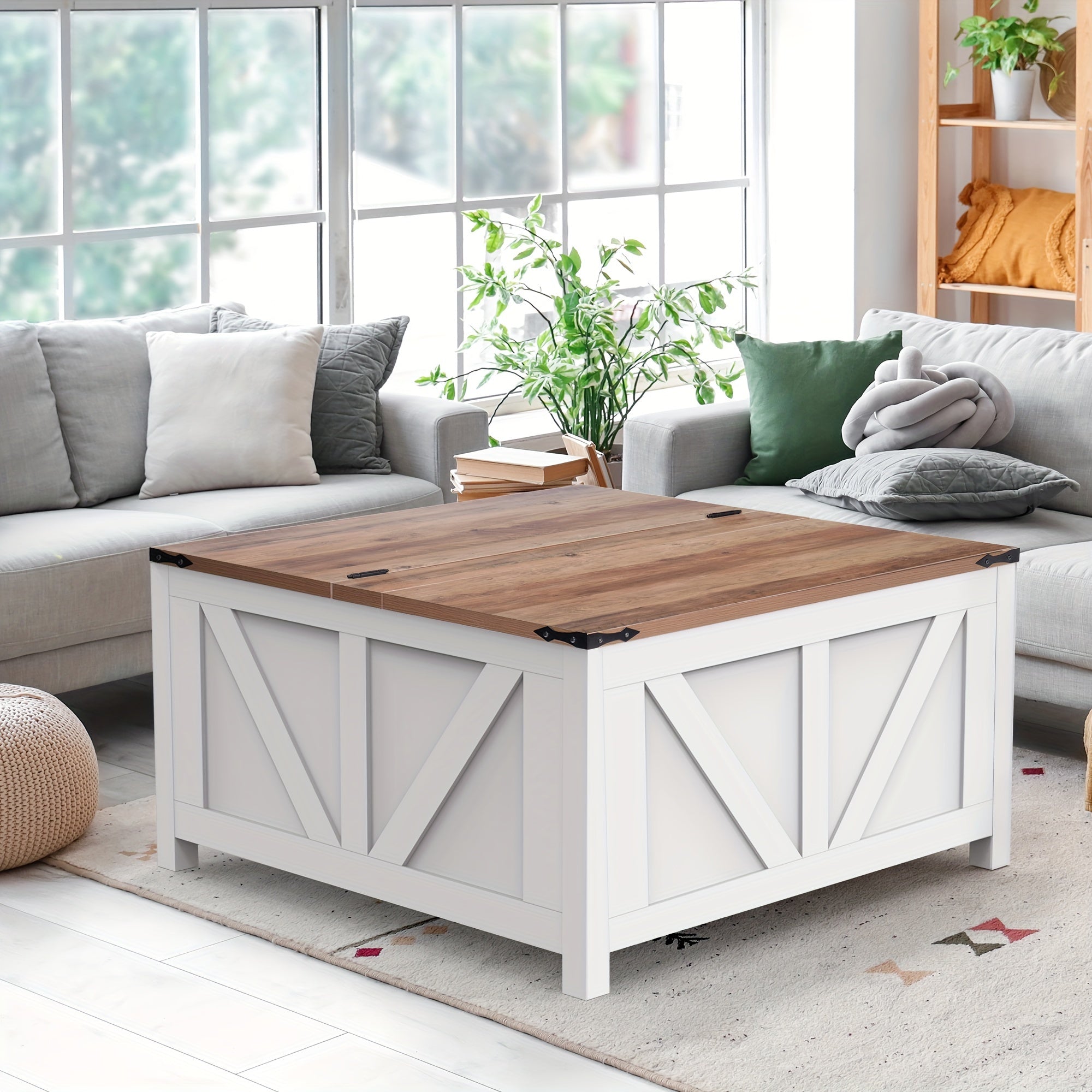 Square Wooden Center Table, Lift Coffee Table, End Table With Large Hidden Storage Compartment For Living Room, Rustic Cocktail White Modern Table With Hinged Lift Top, Brown Top