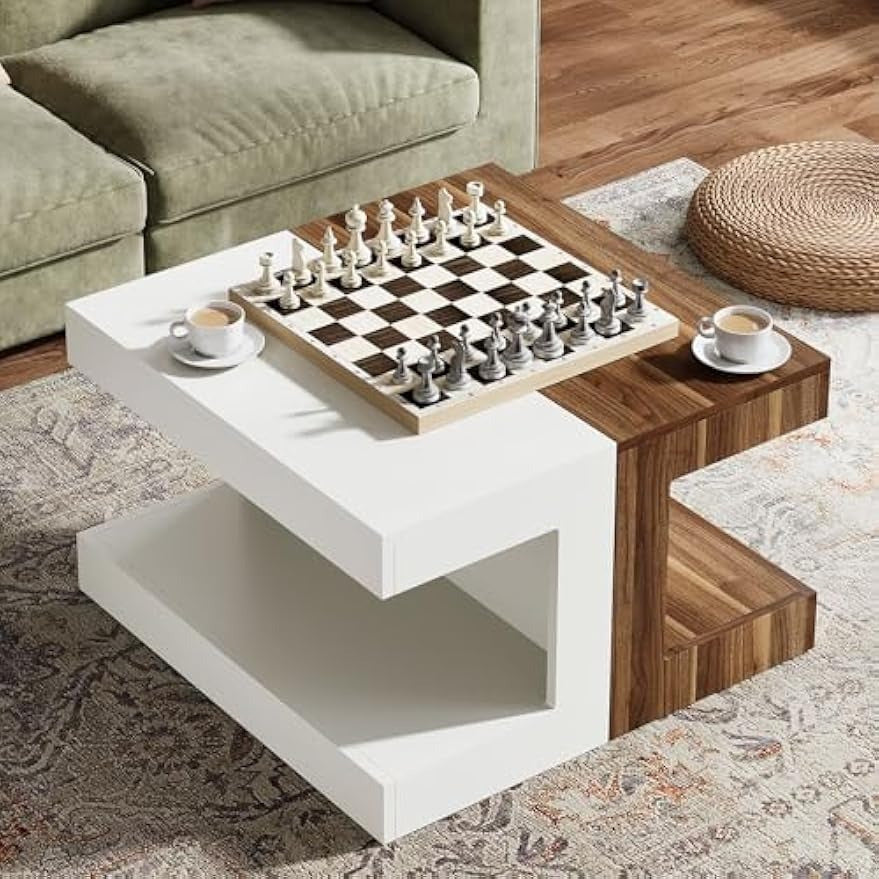 Square Coffee Table, 81cm Creative Combination Splicing Side Table, 2-Tier Vintage Center Table for Living Room, Bedroom, Small Space, Rustic Brown & White