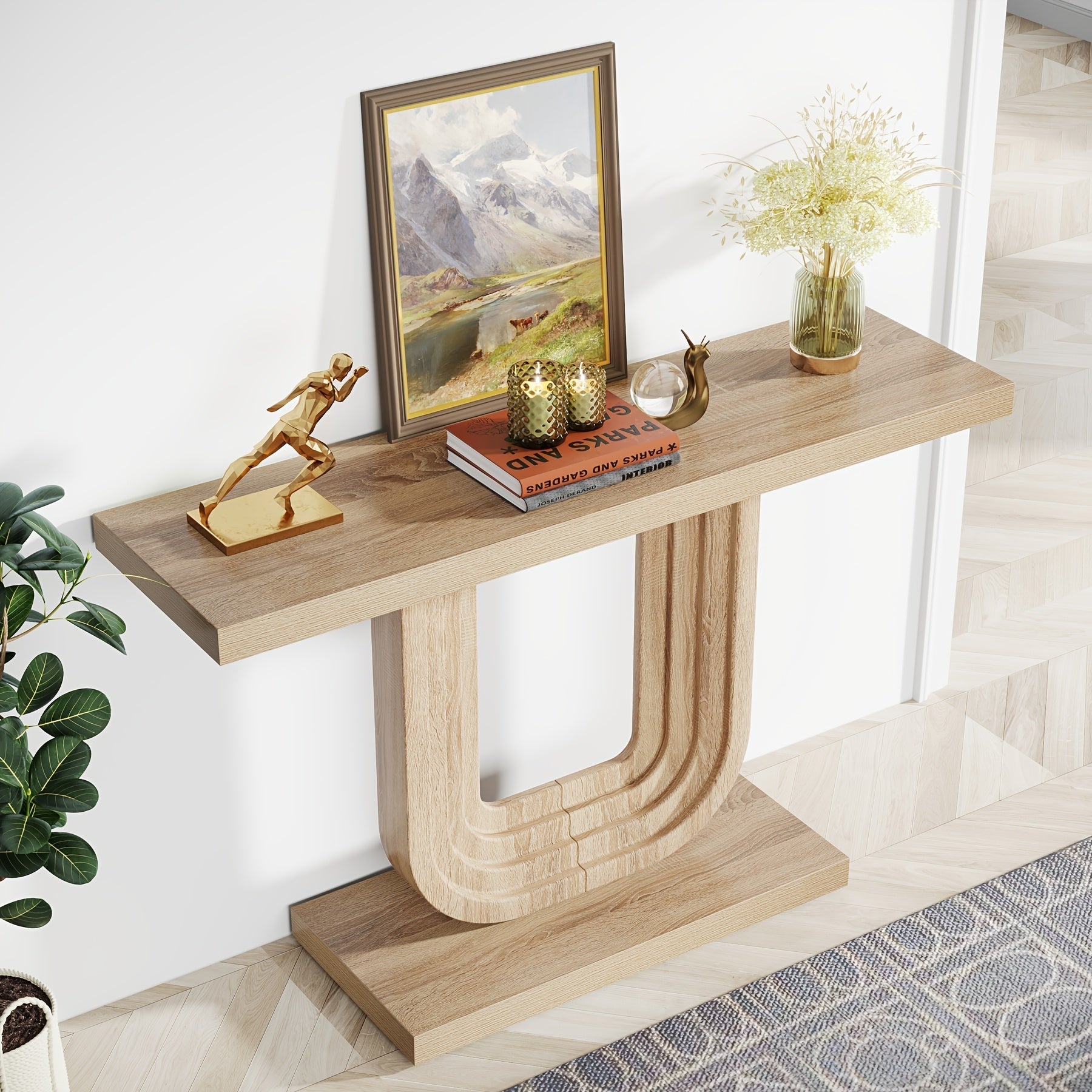 Entryway Table Farmhouse, 99 cm Wood Boho Console Table With Geometric Base, Narrow Sofa Table Behind Couch With Storage For Living Room, Hallway, Foyer, Entrance