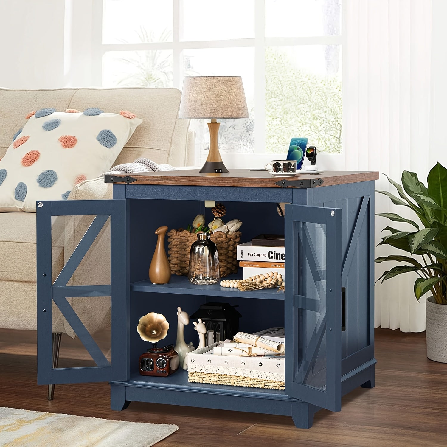 Farmhouse End Table, 60cm Large Sofa Side Table With Charging Station Glass Barn Door, Wood Nightstand With Adjustable Storage Shelf, Square Bedside Table For Living Room, Bedroom, Office-Blue