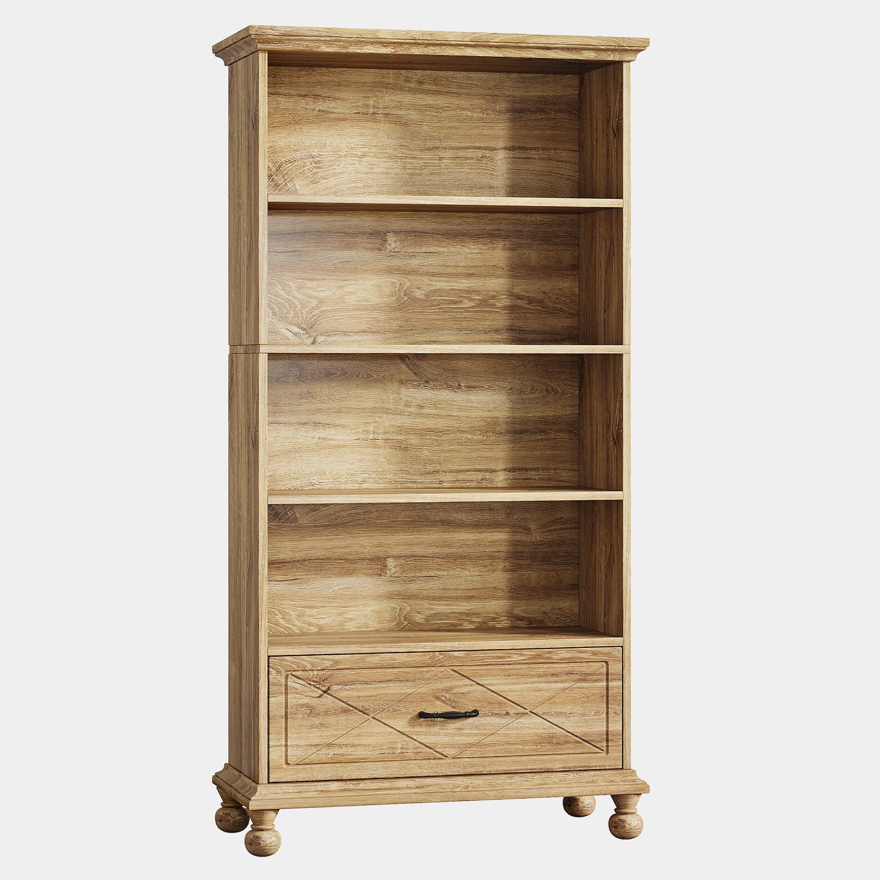 6-Shelf Bookcase with Drawer, 180 cm Bookshelf with Solid Wood Legs