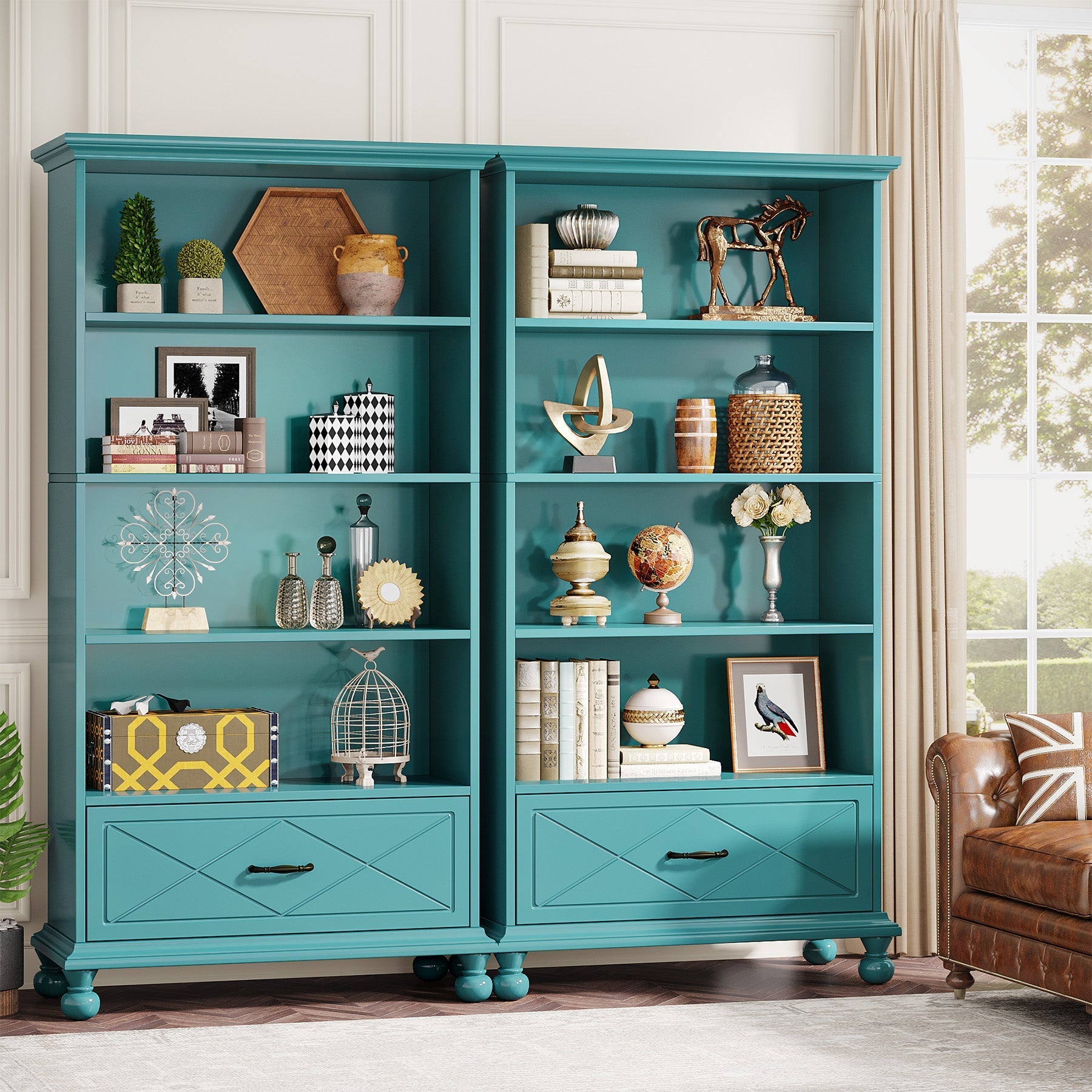 6-Shelf Bookcase with Drawer, 180 cm Bookshelf with Solid Wood Legs