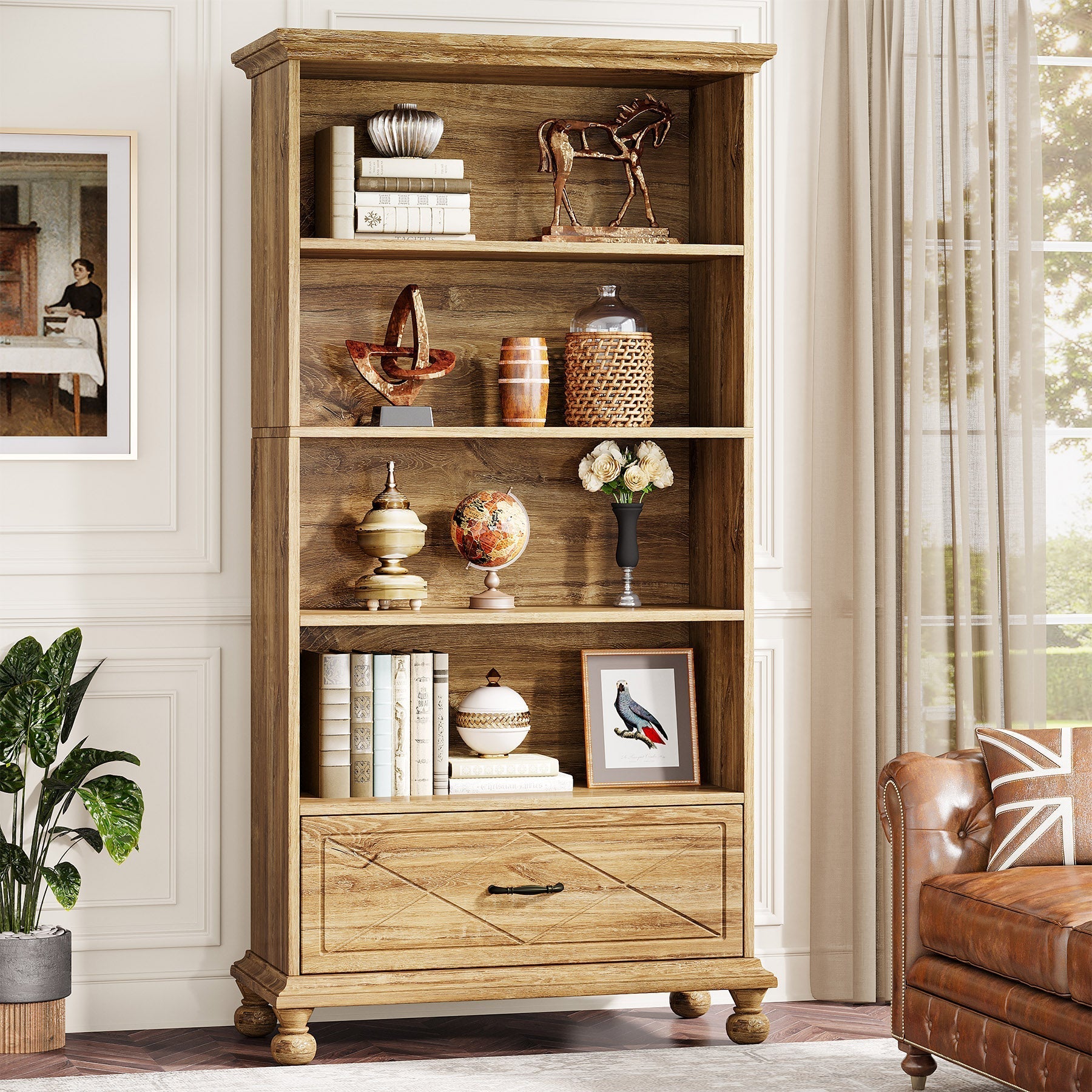 6-Shelf Bookcase with Drawer, 180 cm Bookshelf with Solid Wood Legs