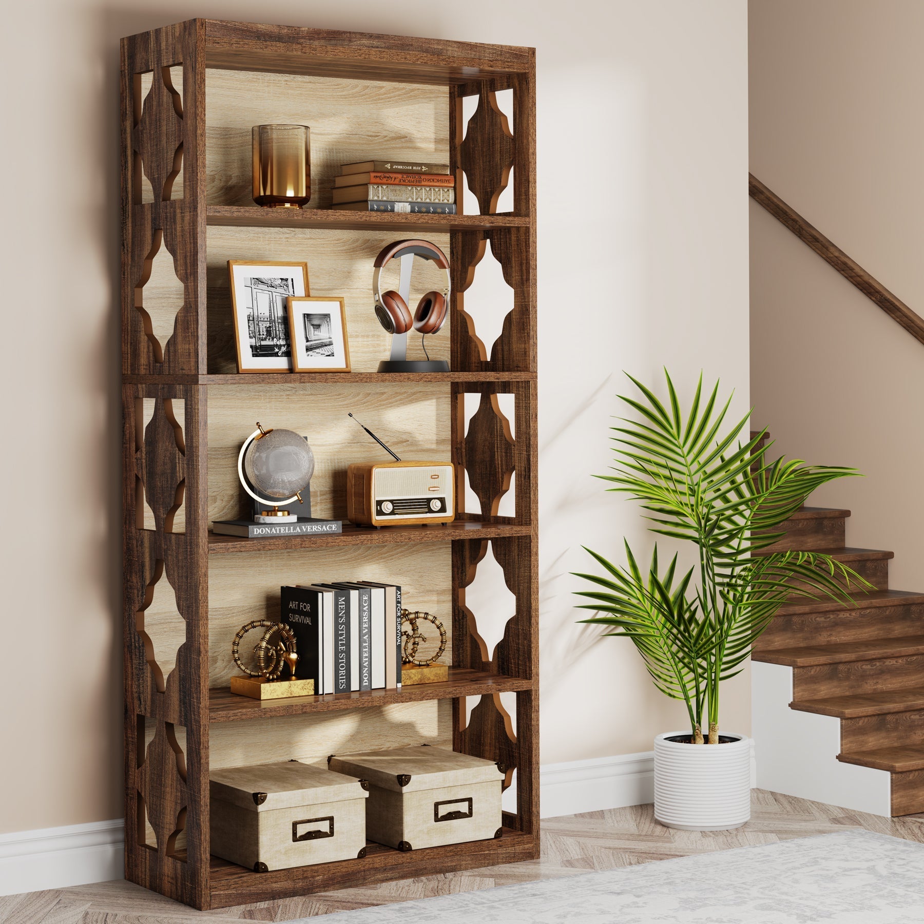 6-Tier Bookshelf, 178 cm Wood Bookcase with Storage Shelves