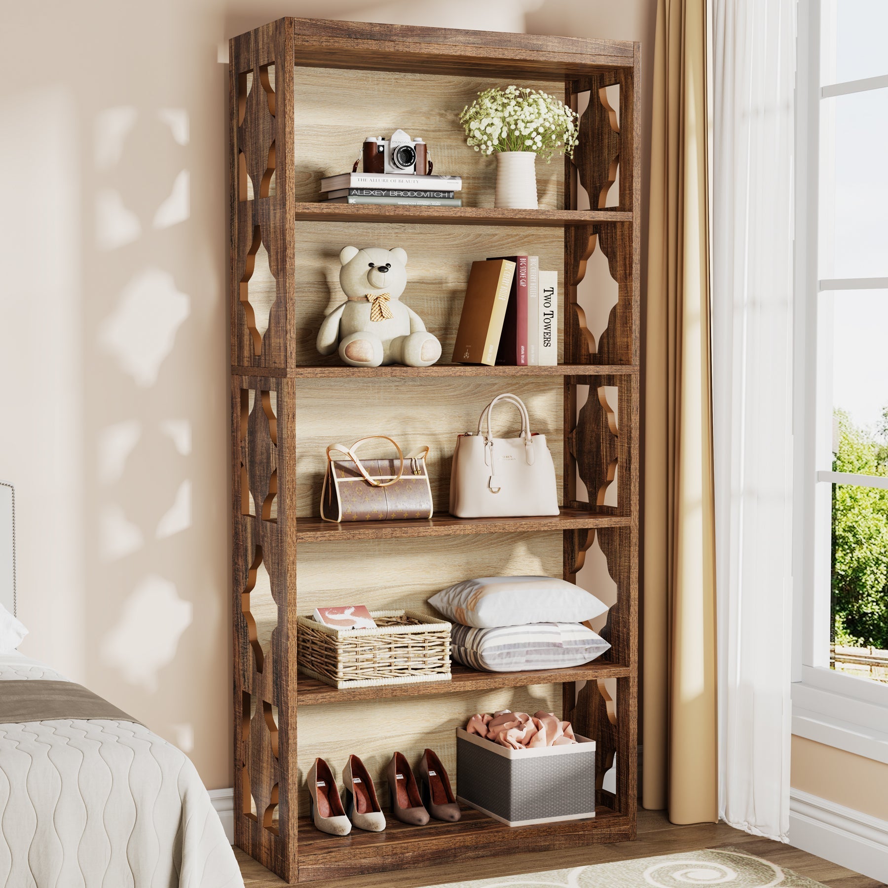 6-Tier Bookshelf, 178 cm Wood Bookcase with Storage Shelves