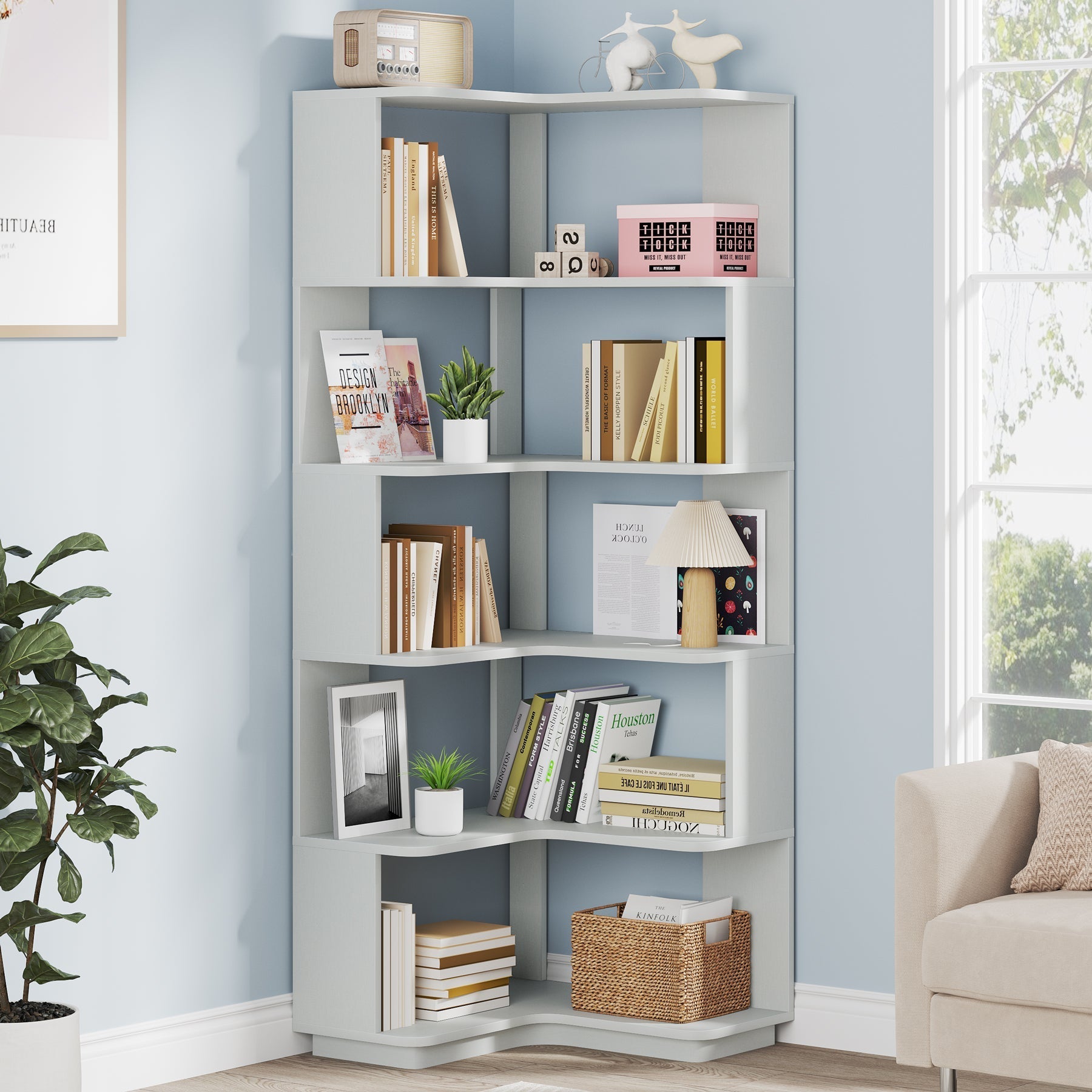 6-Tier Corner Bookshelf, 165.8 cm Corner Bookcase with Anti-Drop Panel