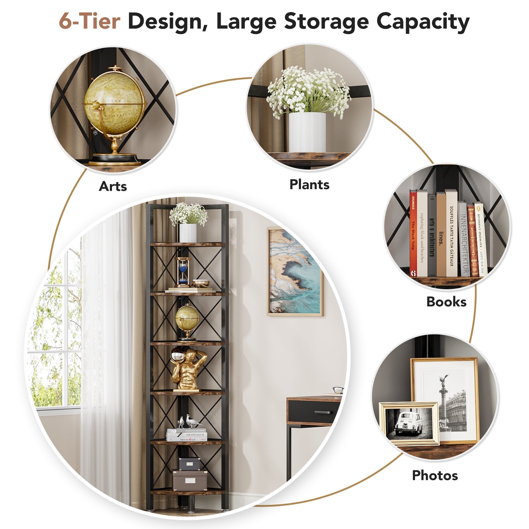 6-Tier Corner Shelf Small Bookshelf Storage Rack for Small Space (15 cm)