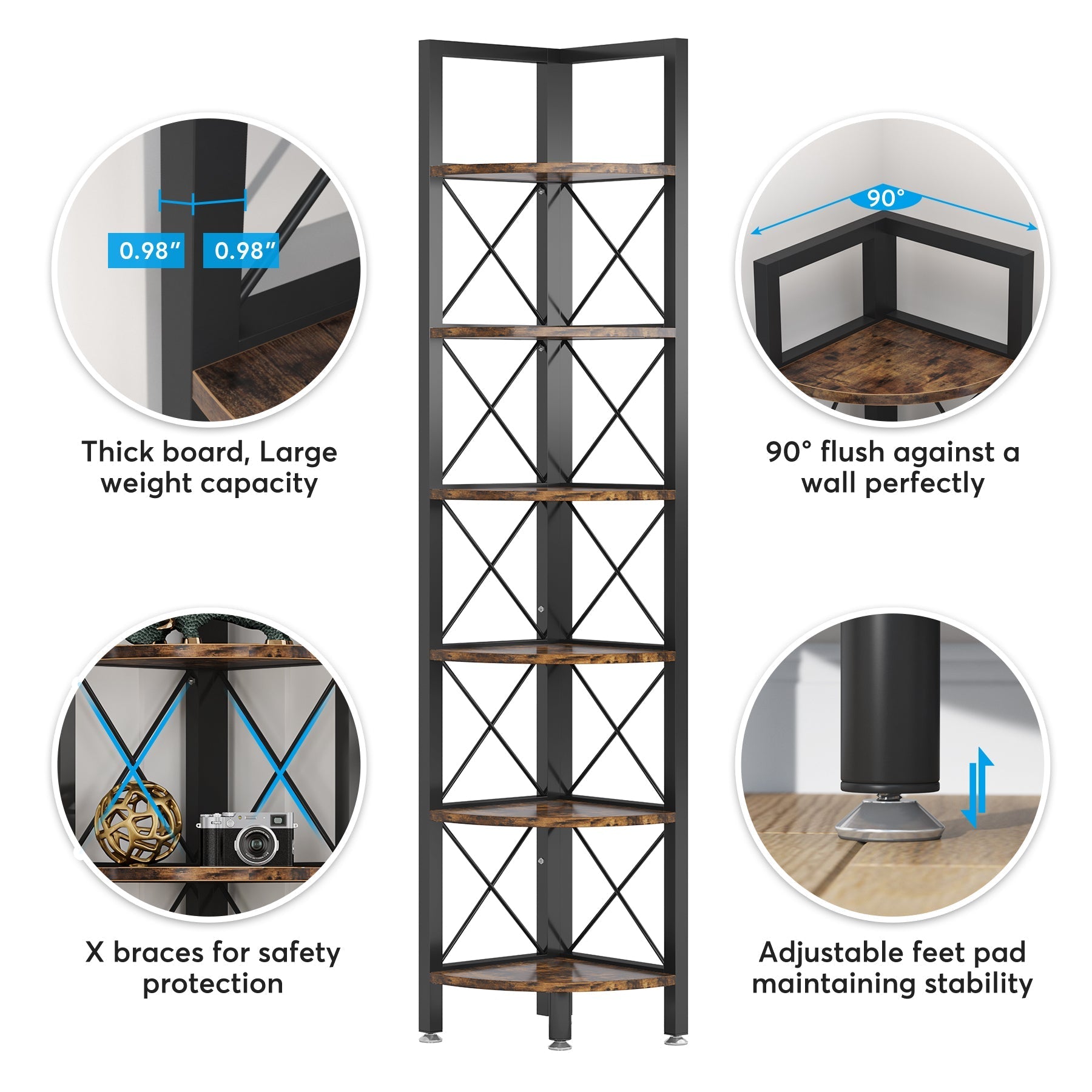 6-Tier Corner Shelf Small Bookshelf Storage Rack for Small Space (15 cm x 15 cm)