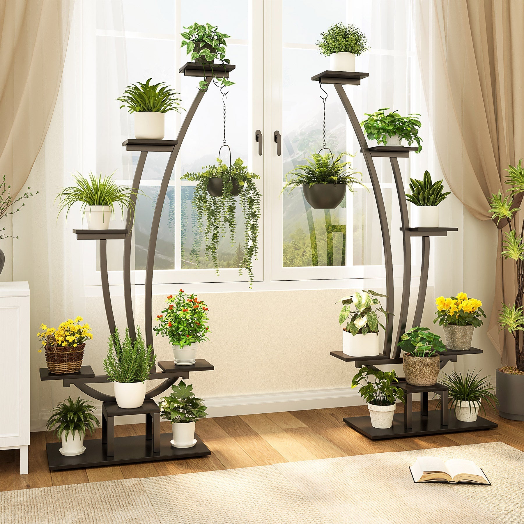 6-Tier Plant Stand Pack of 2, Metal Curved Display Shelf with 2 Hanging Hooks (Converted to cm)