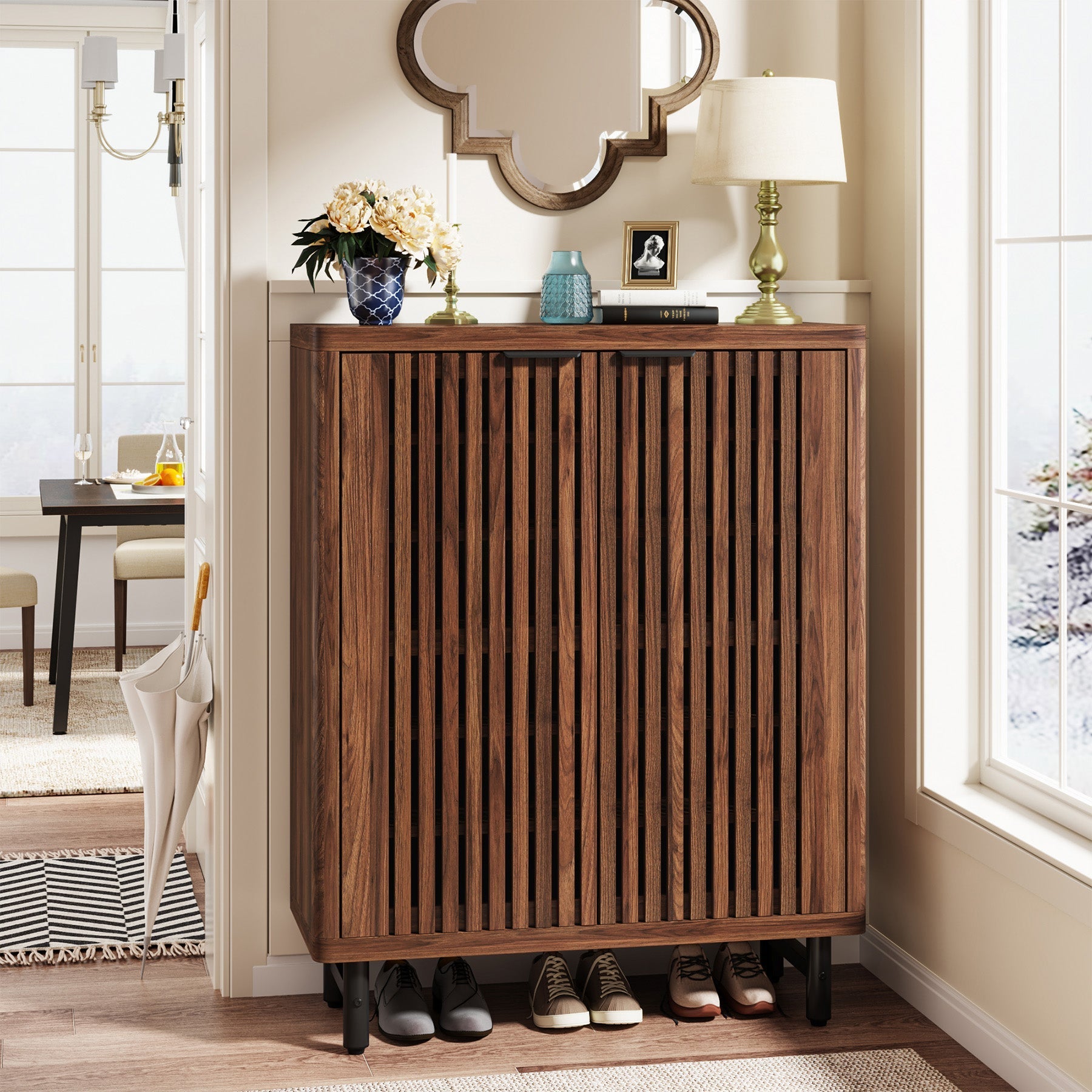 6-Tier Wooden Shoe Cabinet with Louvered Doors & Adjustable Shelves (Converted to cm)