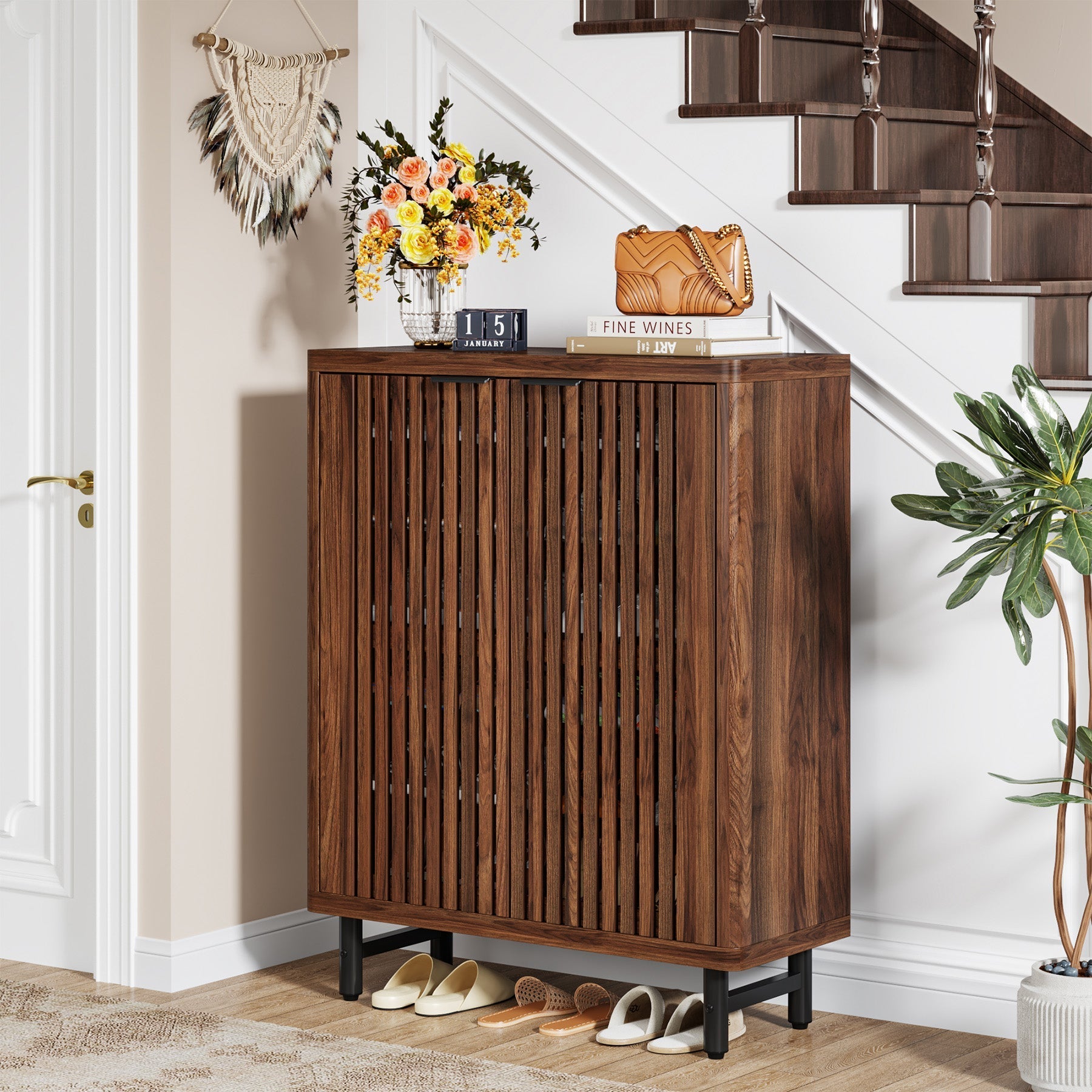 6-Tier Wooden Shoe Cabinet with Louvered Doors & Adjustable Shelves (Converted to cm)