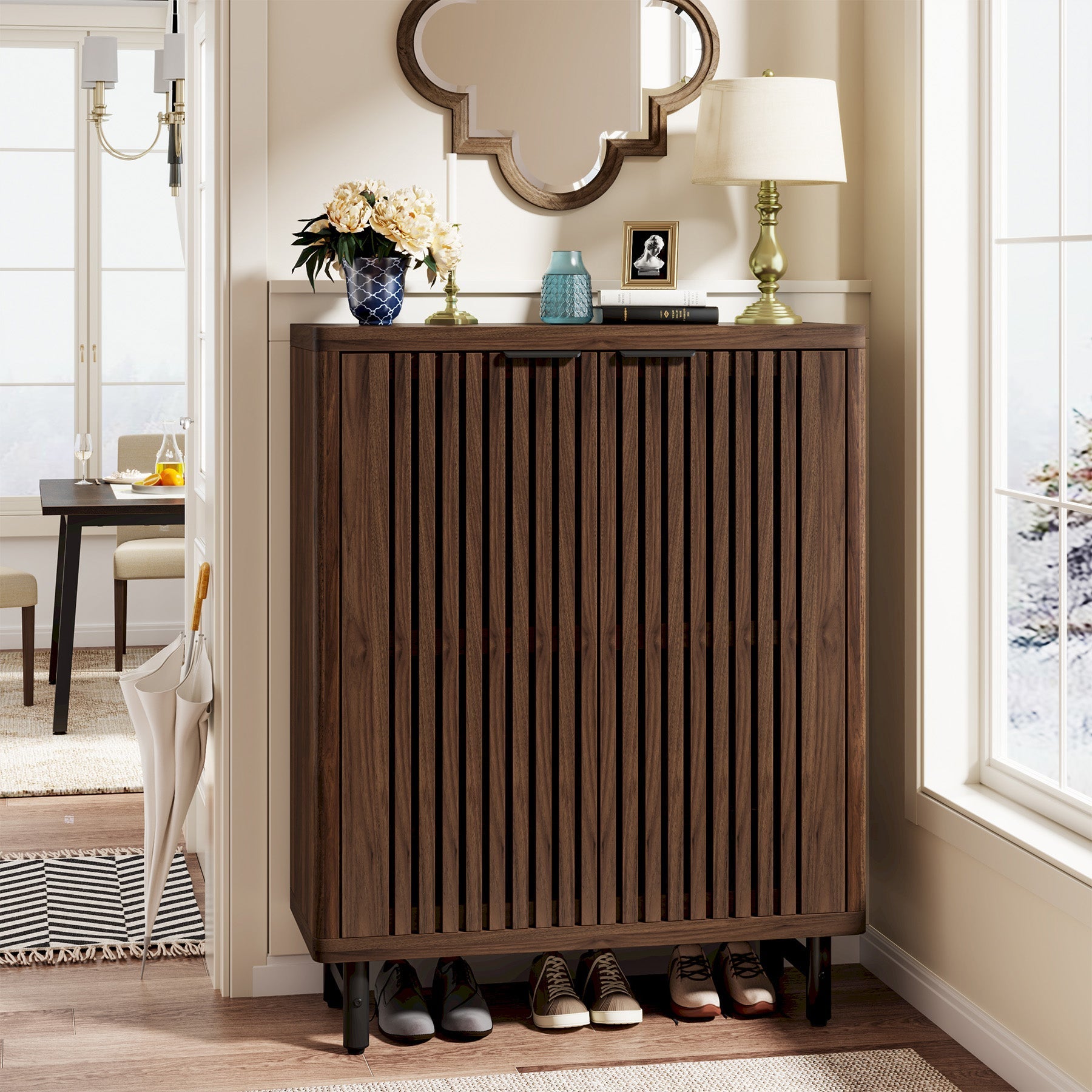 6-Tier Wooden Shoe Cabinet with Louvered Doors & Adjustable Shelves (Converted to cm)