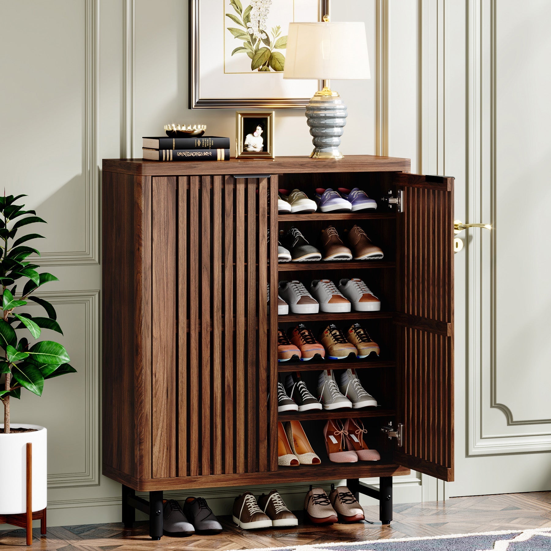 6-Tier Wooden Shoe Cabinet with Louvered Doors & Adjustable Shelves (Converted to cm)