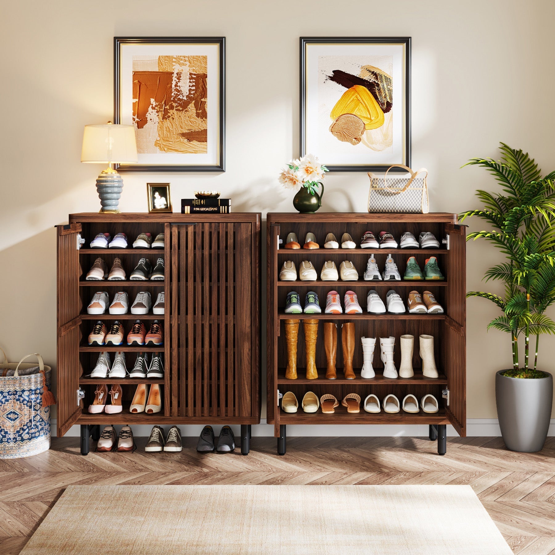 6-Tier Wooden Shoe Cabinet with Louvered Doors & Adjustable Shelves (Converted to cm)