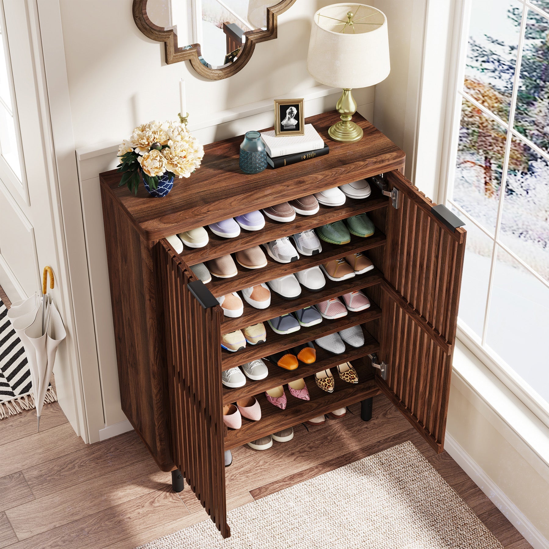 6-Tier Wooden Shoe Cabinet with Louvered Doors & Adjustable Shelves (Converted to cm)