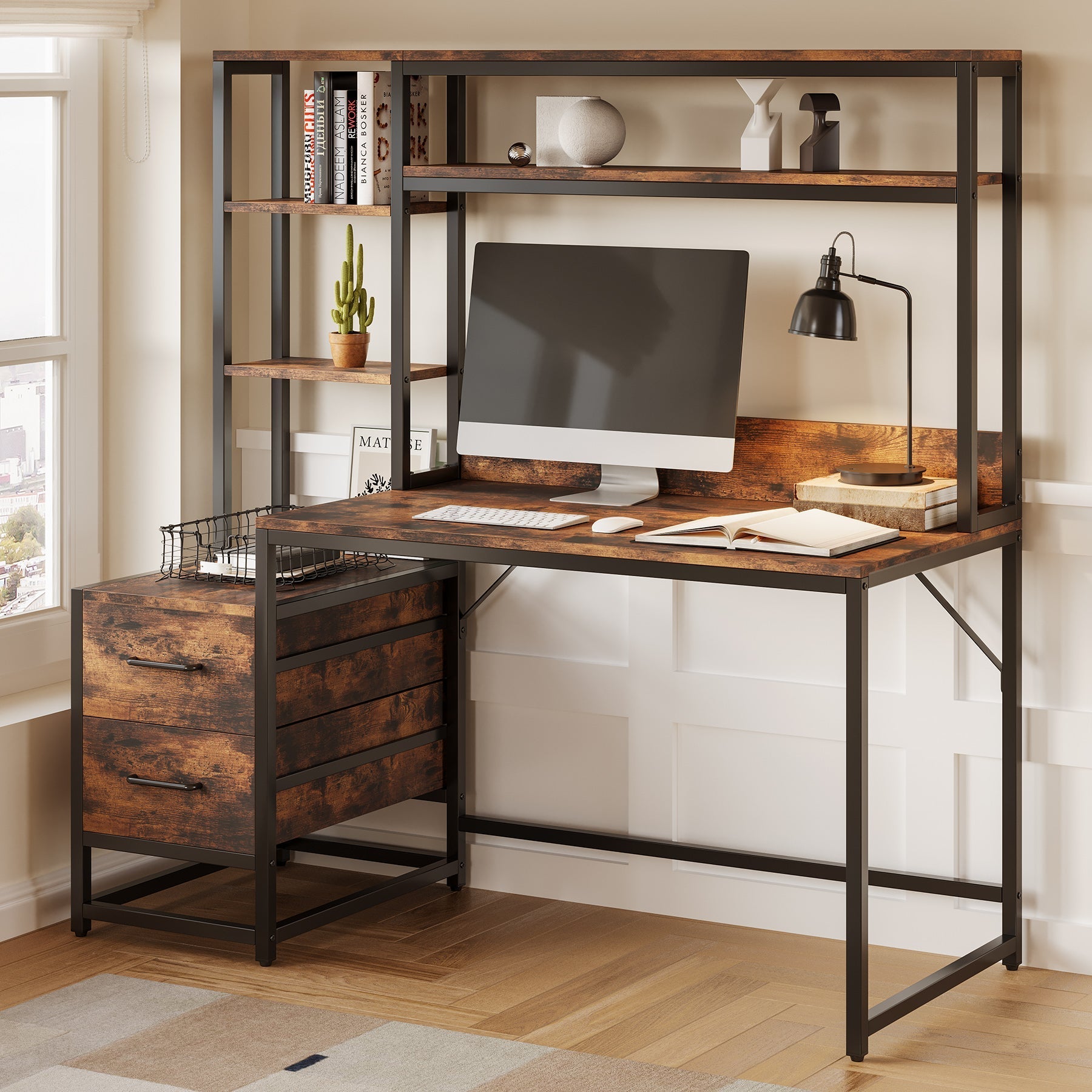 152 cm Tall Computer Desk Writing Table with 2 Drawers and Storage Shelves