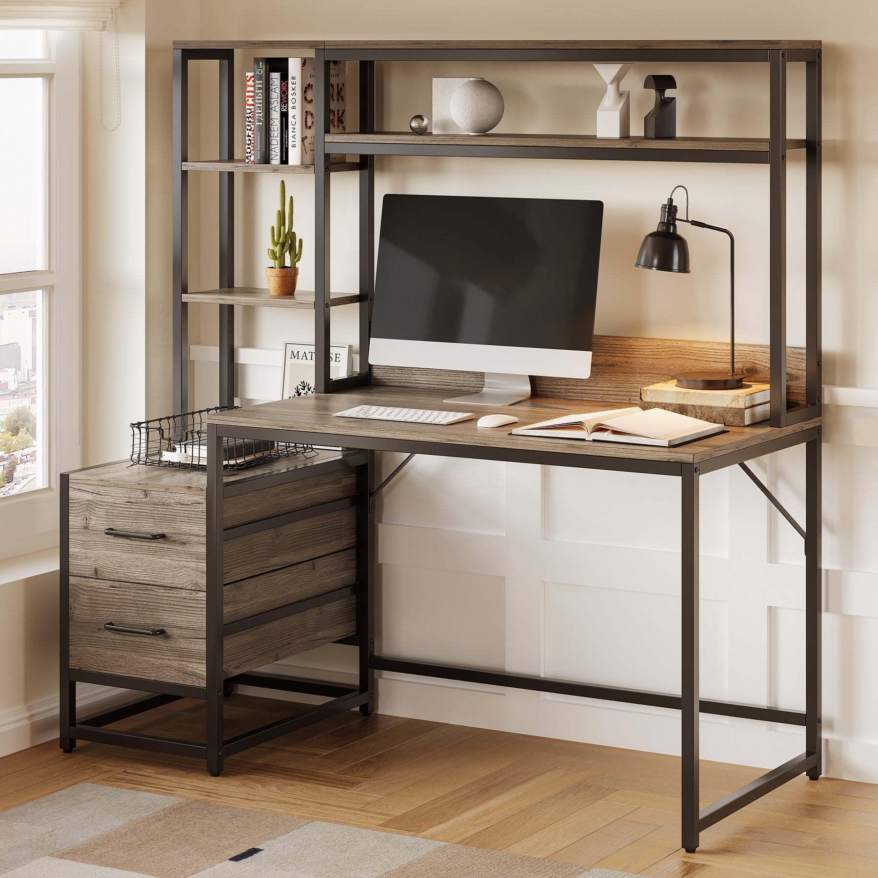 152 cm Tall Computer Desk Writing Table with 2 Drawers and Storage Shelves