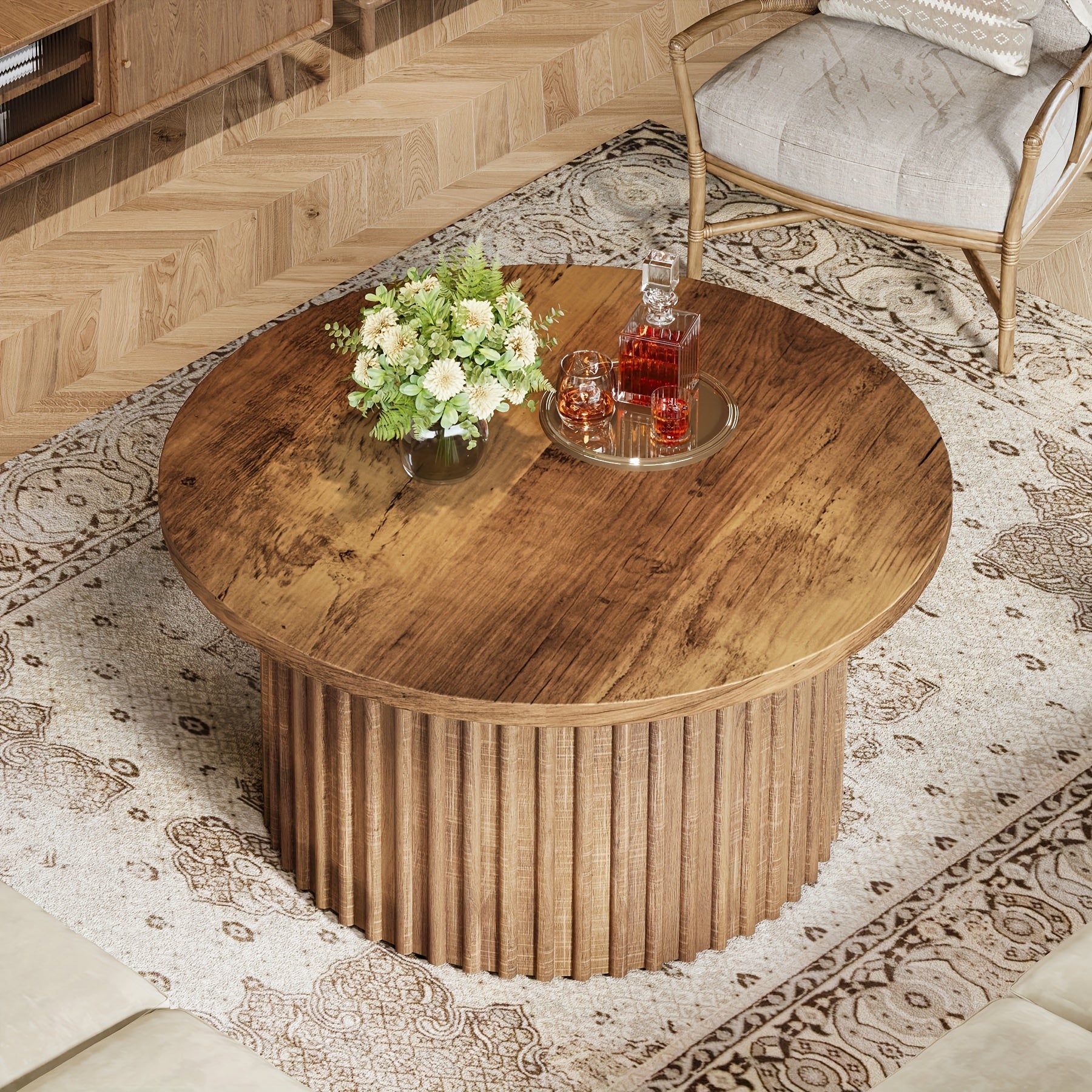 81cm Round Coffee Table, Farmhouse Circle Coffee Table, Modern Wood Accent Center Table Sofa Side Table With Metal Base, For Living Room, Home Office