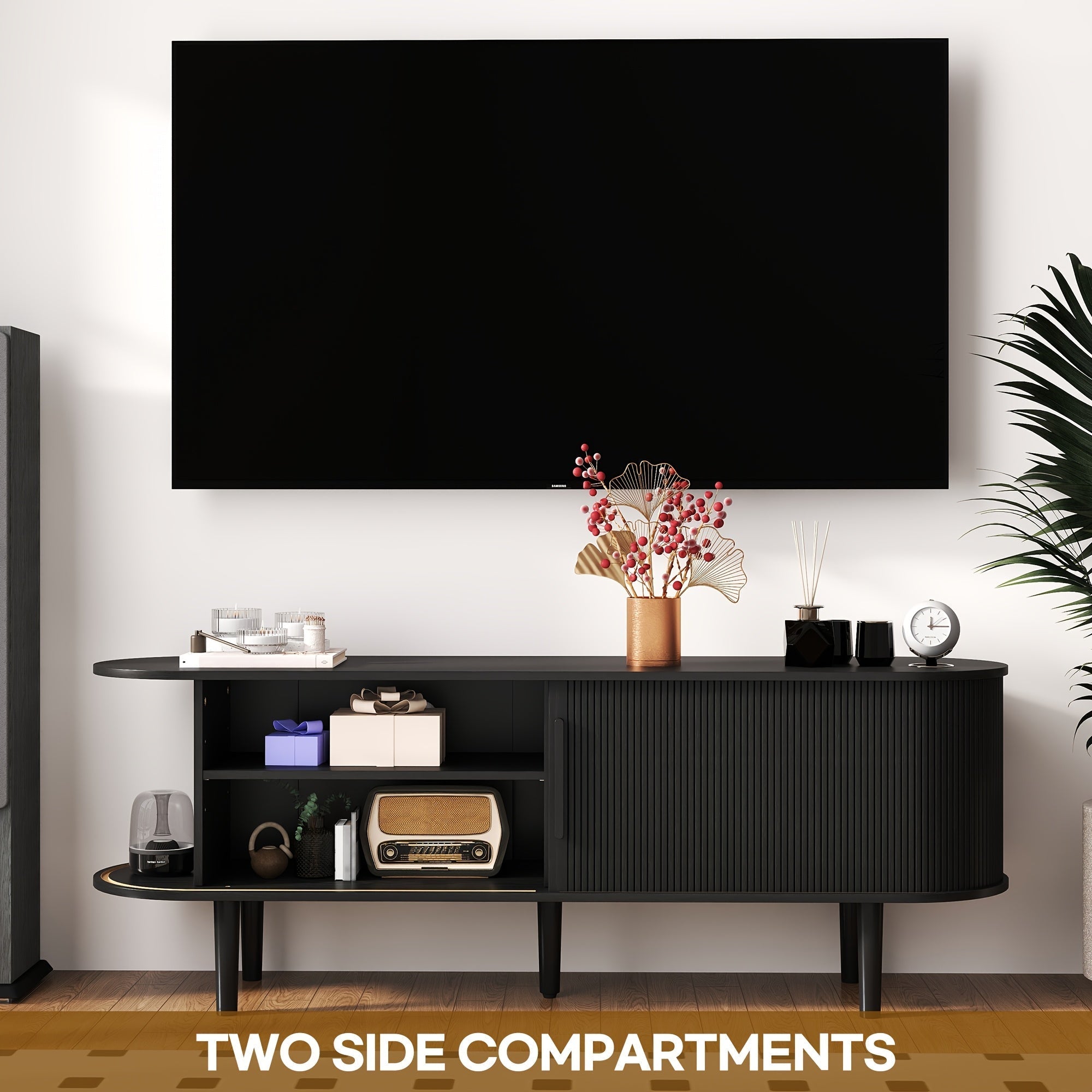 Luxury Black Tambour Door TV Stand - Modern Media Console with Storage for Living Room, Bedroom, or Playroom