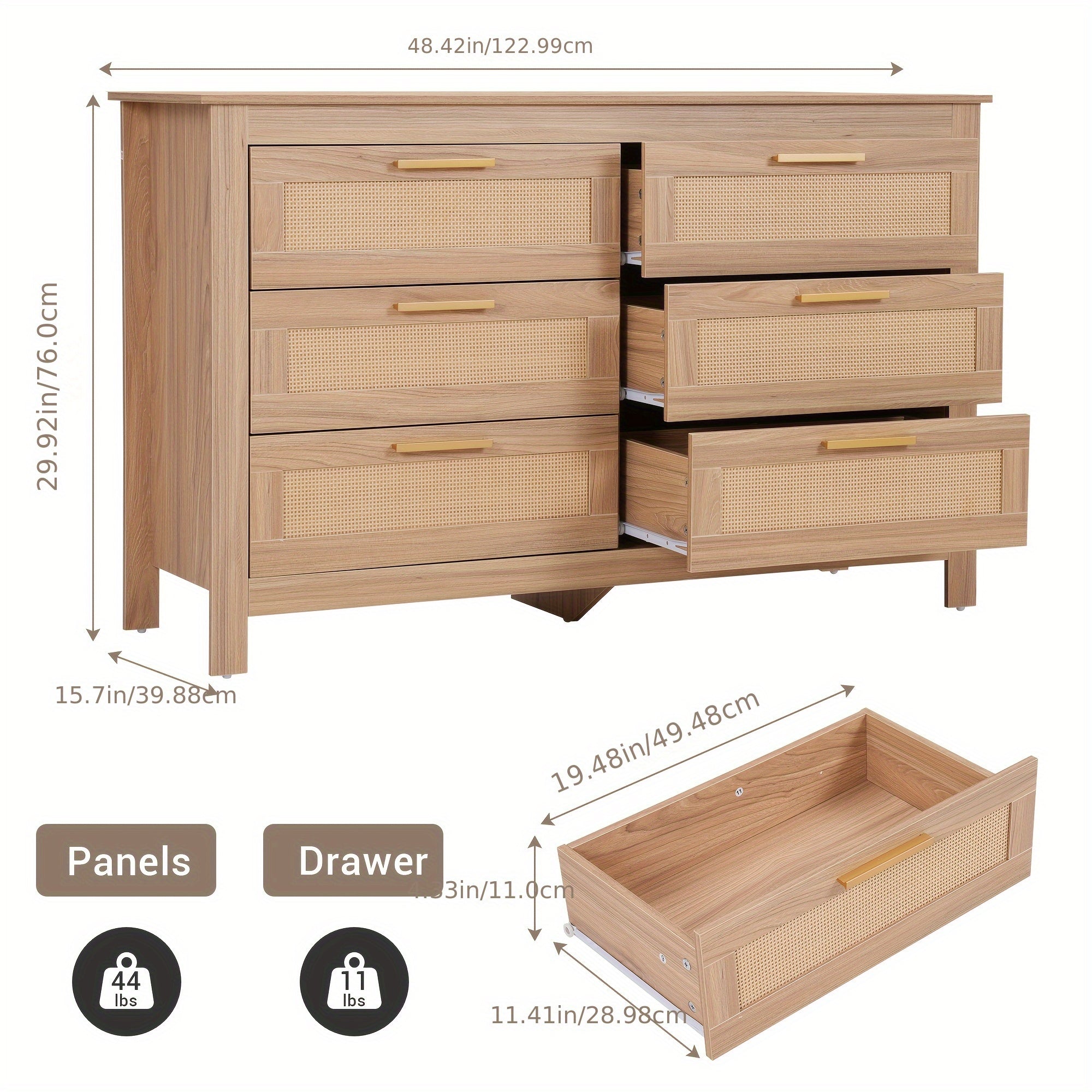 122cm Rattan Dresser Modern 6 Drawer Double Dresser With Handles, Wood Storage Chest Of Drawers For Bedroom, Living Room, Hallway, Also As Beside Tabe, TV Stand (suit For 50"TV), Clothing Organizer/linger