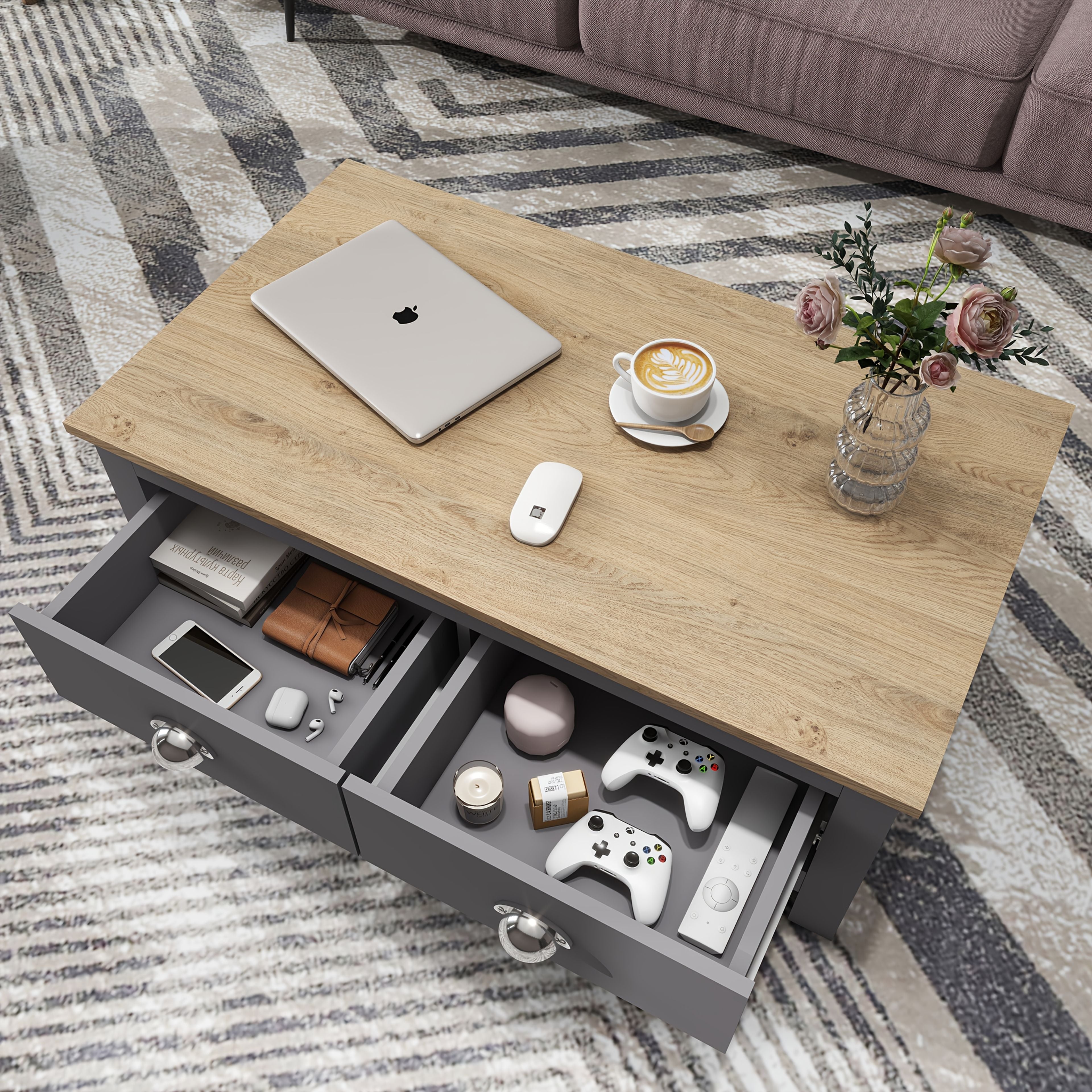 Coffee Table with 2 Drawers Storage, Living Room Wooden Coffee Table, Easy to Assemble, Suitable for Small Space