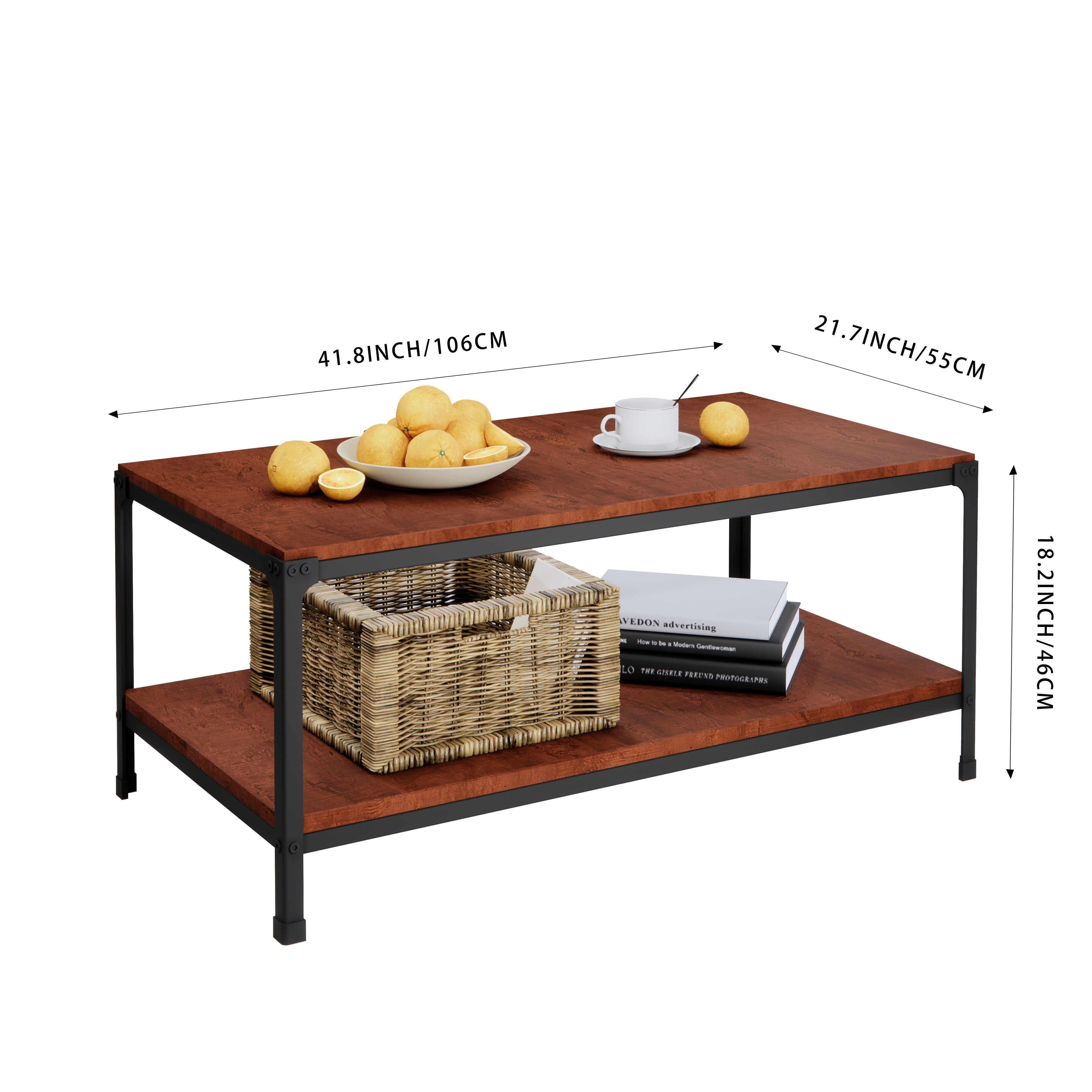 2-Tier Industrial Coffee Table With Storage Shelf For Living Room, Rectangular Wood And Stable Metal Frame End Table, Recessed Accent Furniture For Home, Office, Espresso