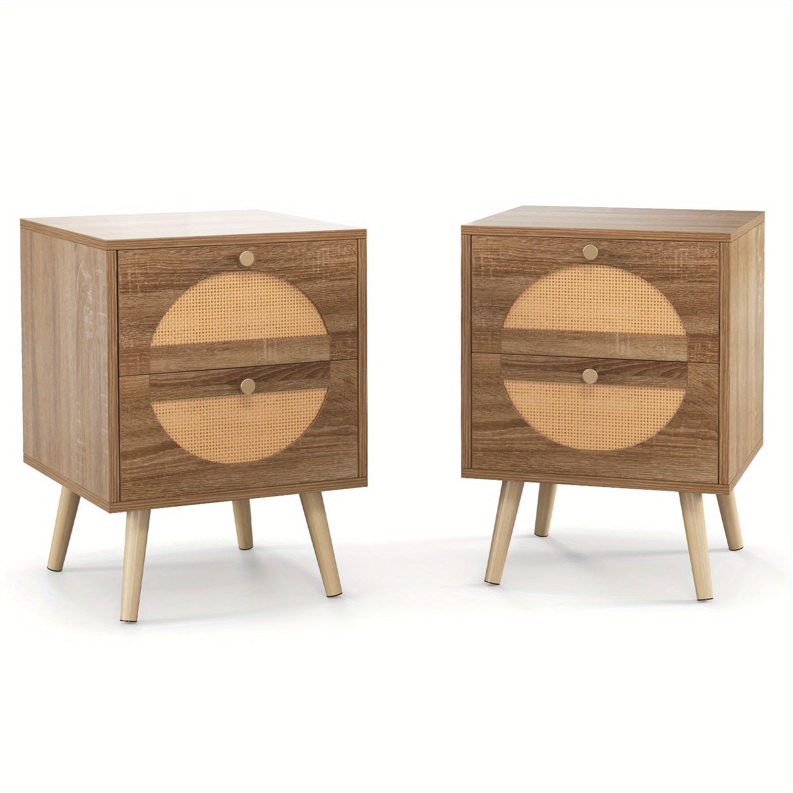 2pcs Set Bohemian Rattan Nightstands with 2 Drawers - Modern Chic Side End Tables with Solid Wood Legs, Woven Front Panels & Textured Detailing for Bedroom & Living Room Storage