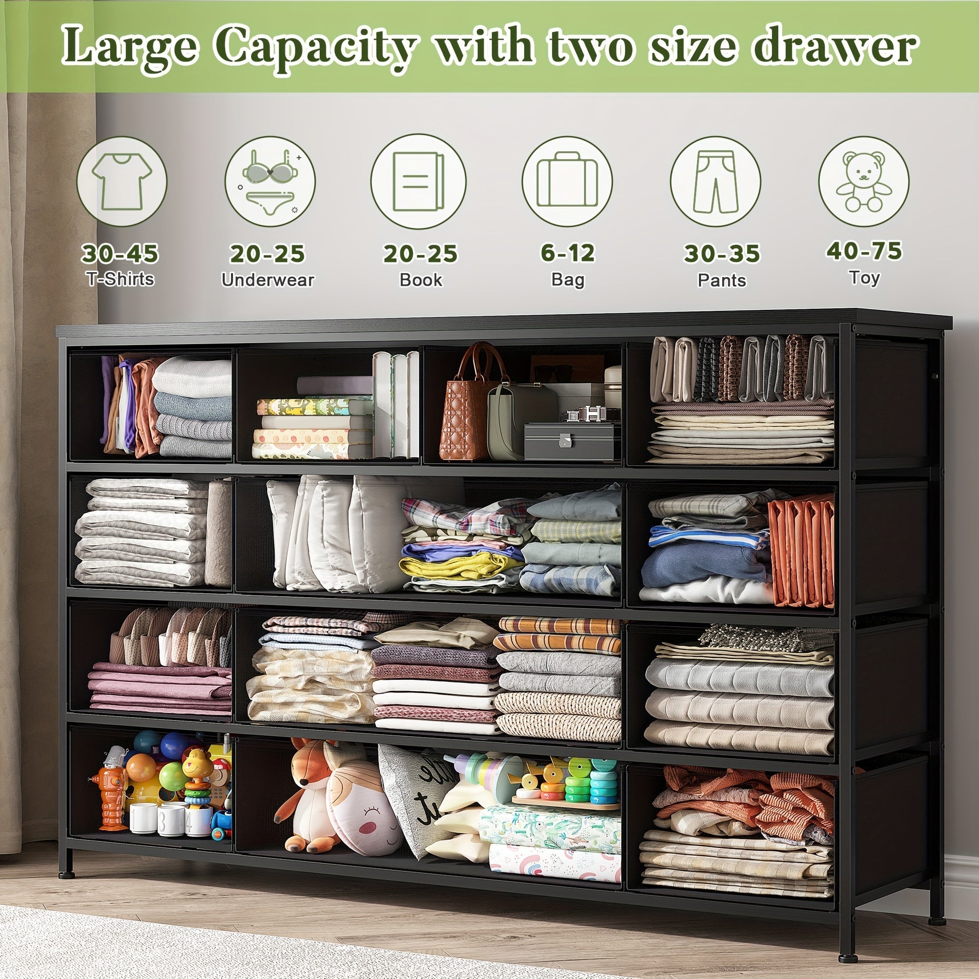 Black Dresser, Dresser for Bedroom, Dresser with 13 Storage Drawer, Dressers & Chests of Drawers for 55" TV, Black Dresser for Bedroom, Long Dresser for Closet, Entryway