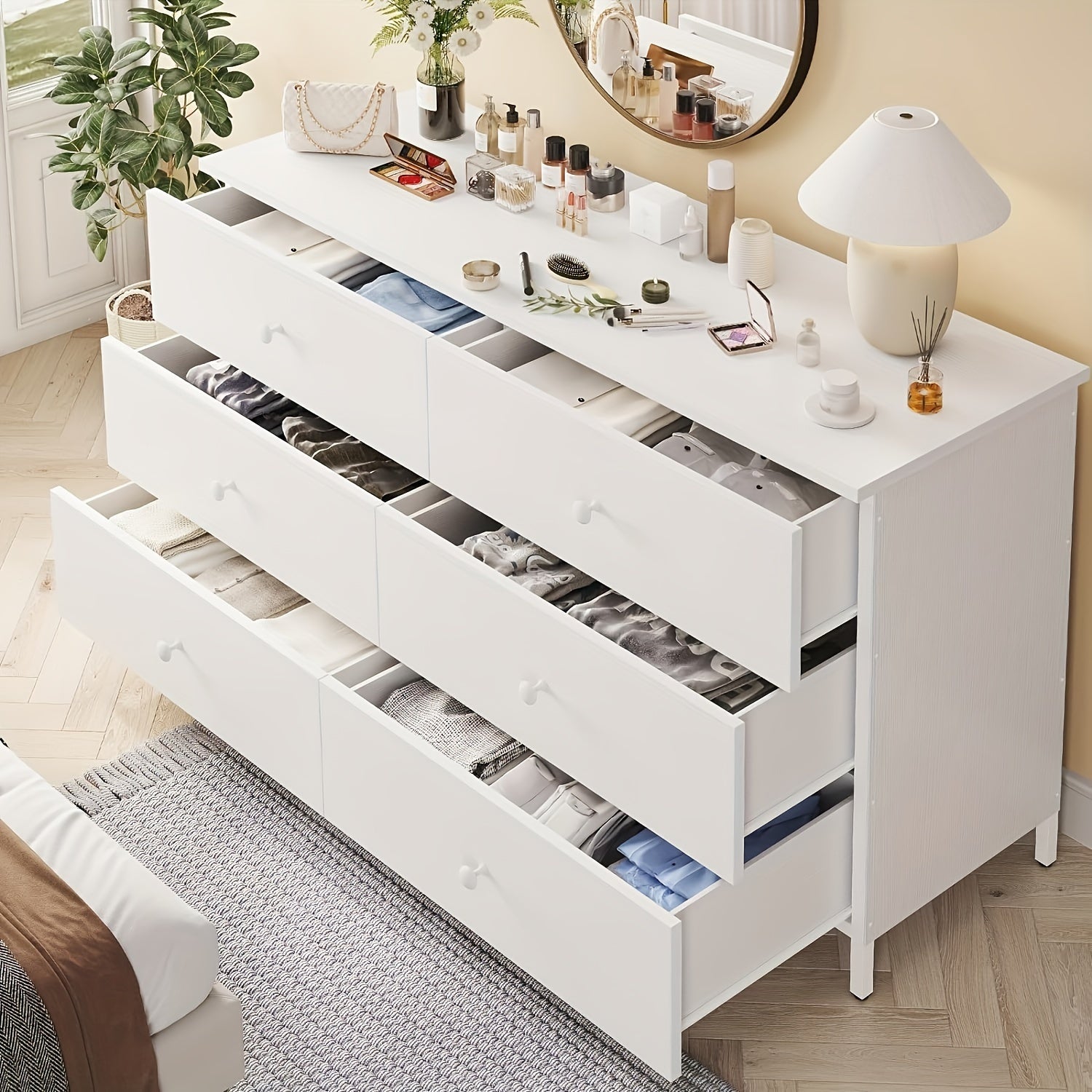 Large Dresser With 6 Drawers For Bedroom, Modern Chest Of 6 Drawers Storage Cabinets With Steel Frame, Double Dresser For Bedroom, Living Room, White