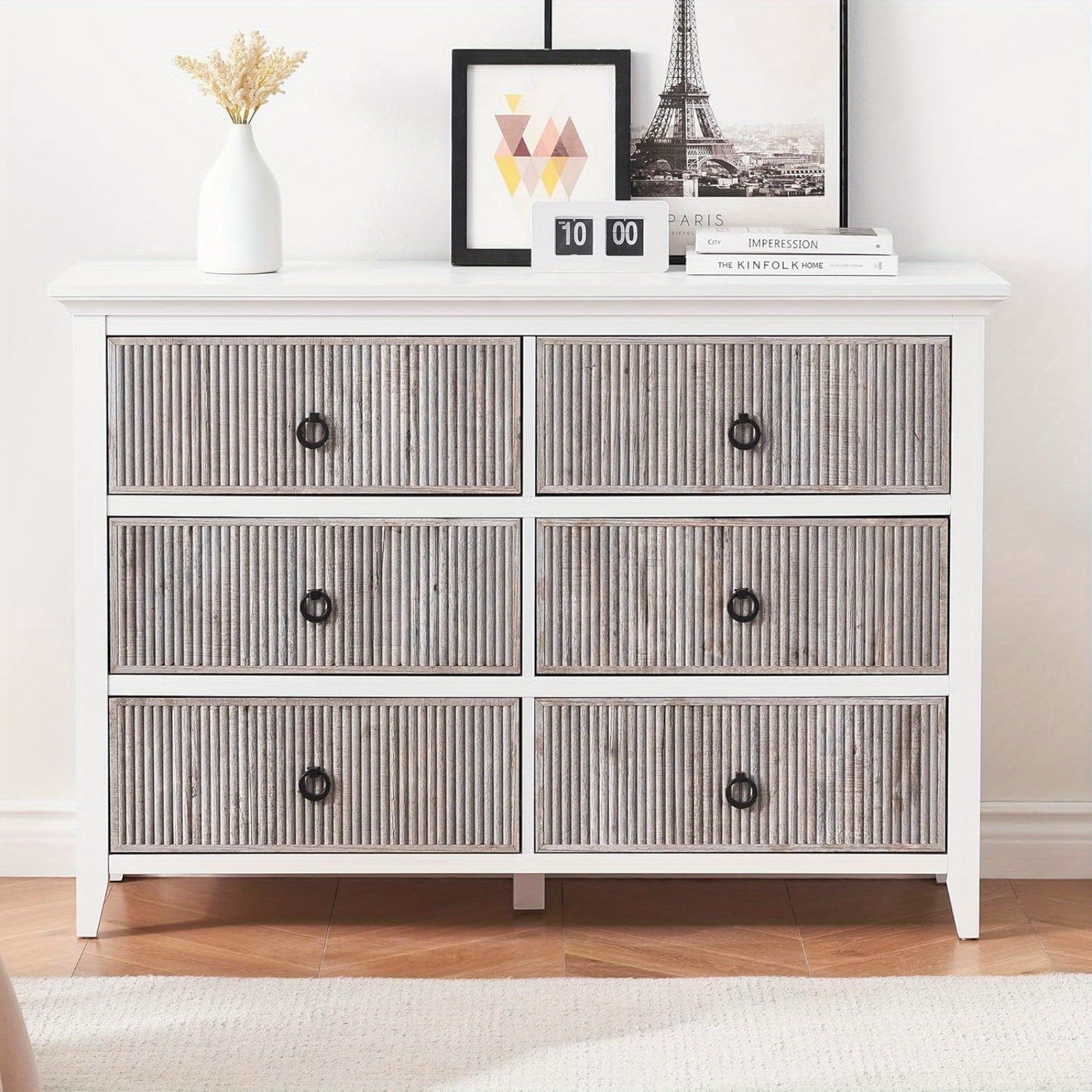 6 Drawer Dresser, 120cm Wide Modern Chest of Drawers Bedroom and Living Room Cabinet Organizer Storage, Fluted Design Dresser Tv Stand, Closet, White Grey