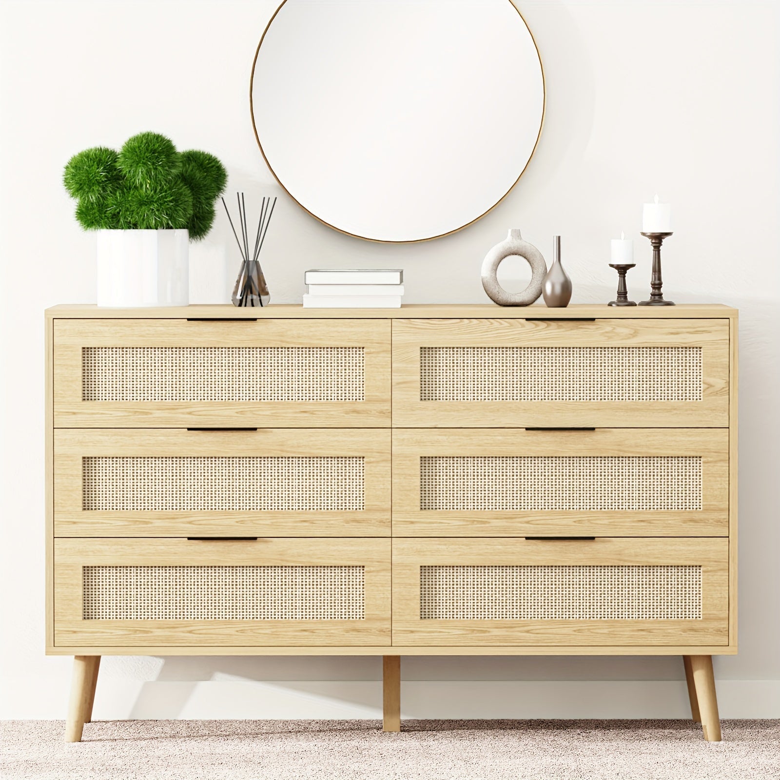 6 Drawer Double Dresser For Bedroom, Natural Rattan Chest With Drawers, Modern Wood Boho Dresser With Black Handles, Storage Closet For Closet, Living Room And Hallway