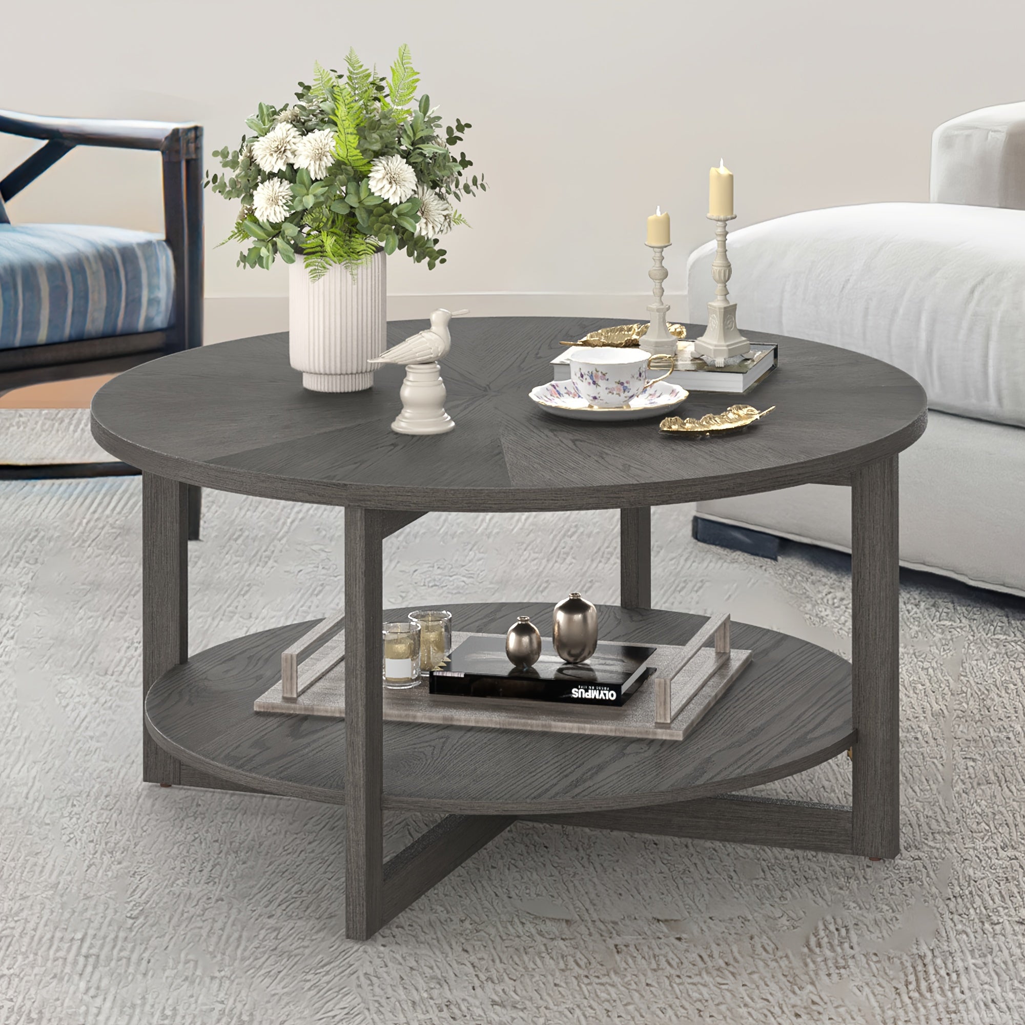 Round Coffee Table, Cocktail Table For Living Room, 35" Rustic Modern Circle Coffee Tables With 2-Tier Storage Shelf, Sofa Table,